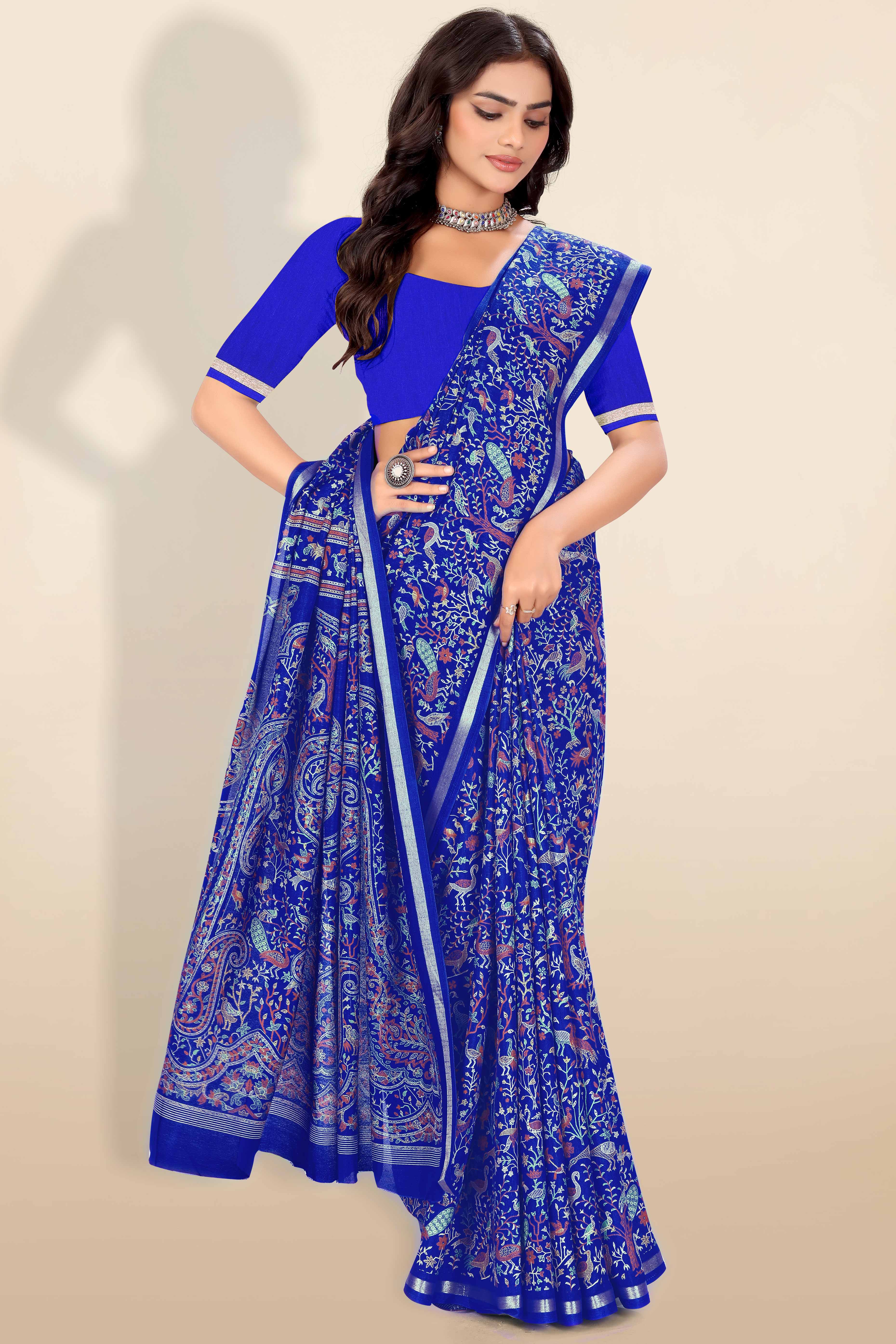 Royal Blue Tussar Silk Blend Saree with Intricate Floral & Bird Kashmiri Print & Zari Border - Image 6