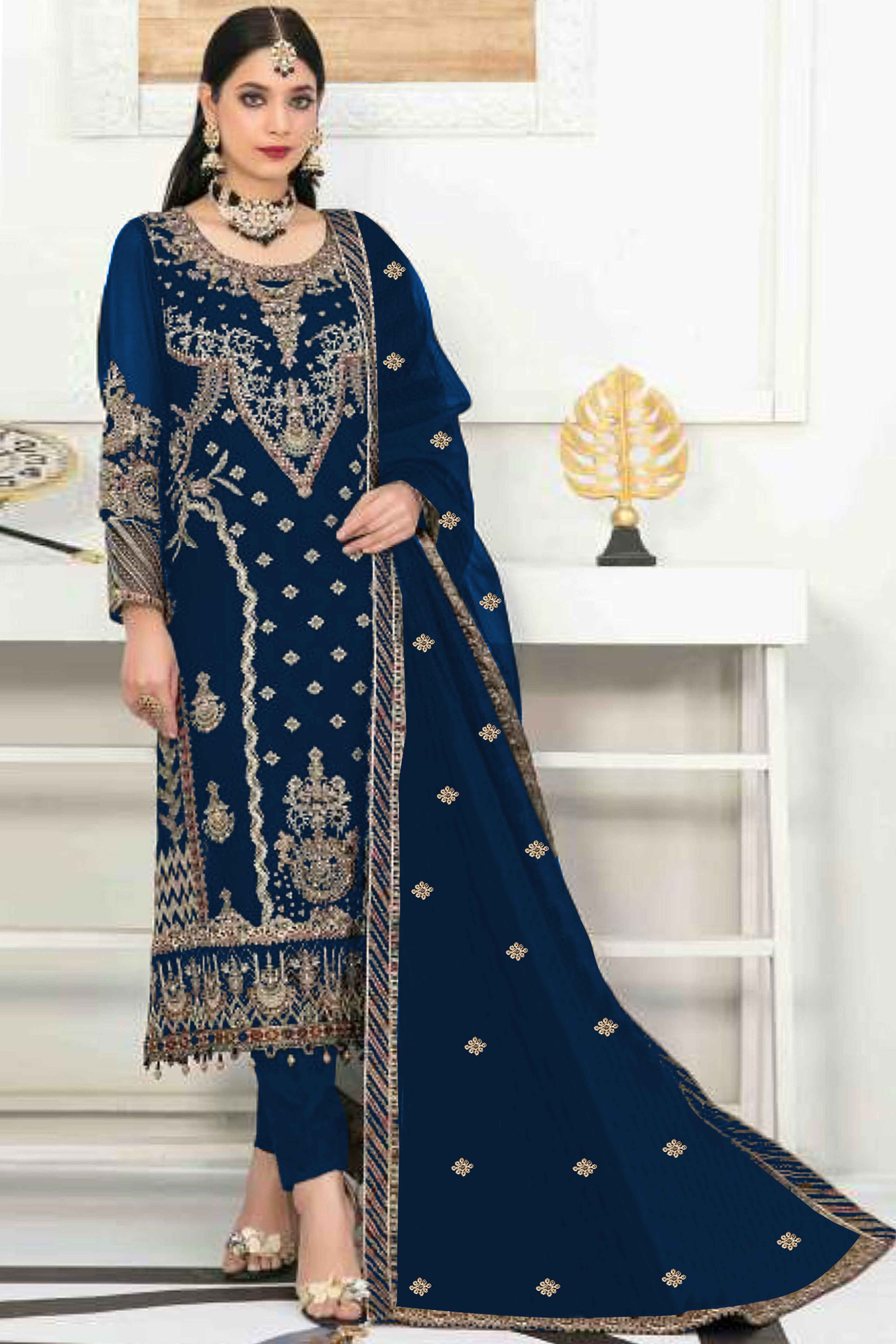 Royal Blue Velvet Dress Material Adorned with Sequins & Thread Embroidery