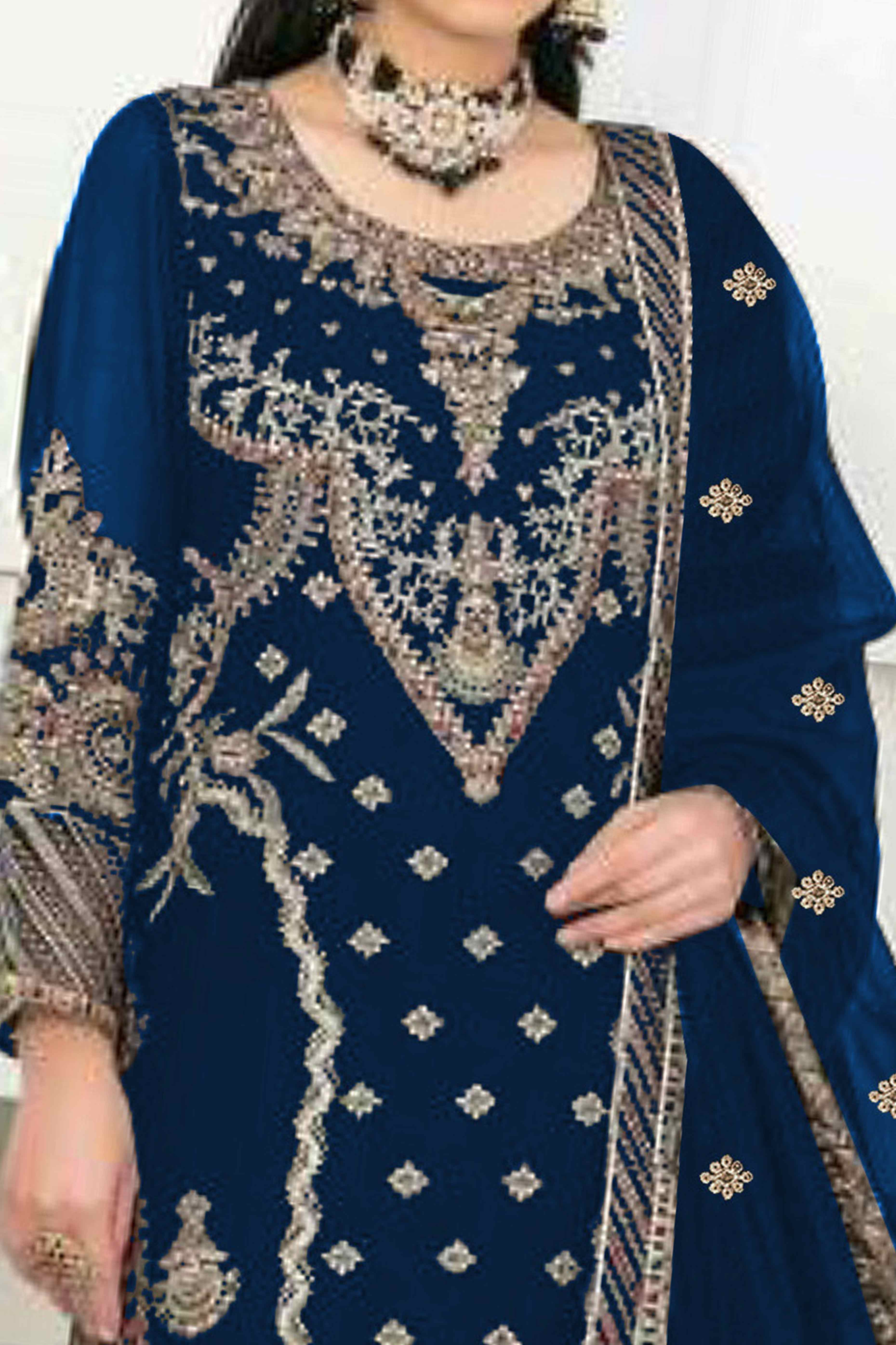 Royal Blue Velvet Dress Material Adorned with Sequins & Thread Embroidery - Image 2