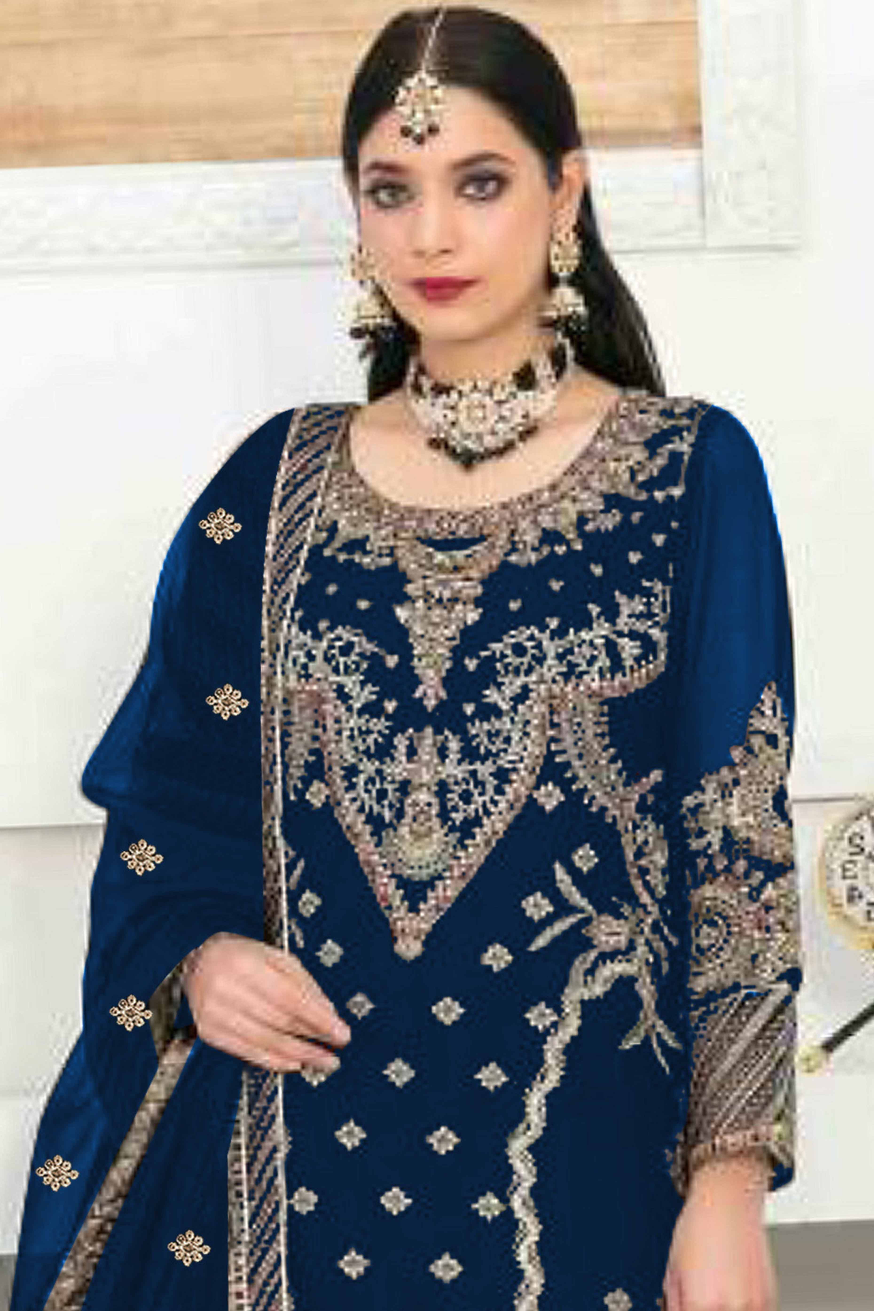 Royal Blue Velvet Dress Material Adorned with Sequins & Thread Embroidery - Image 3