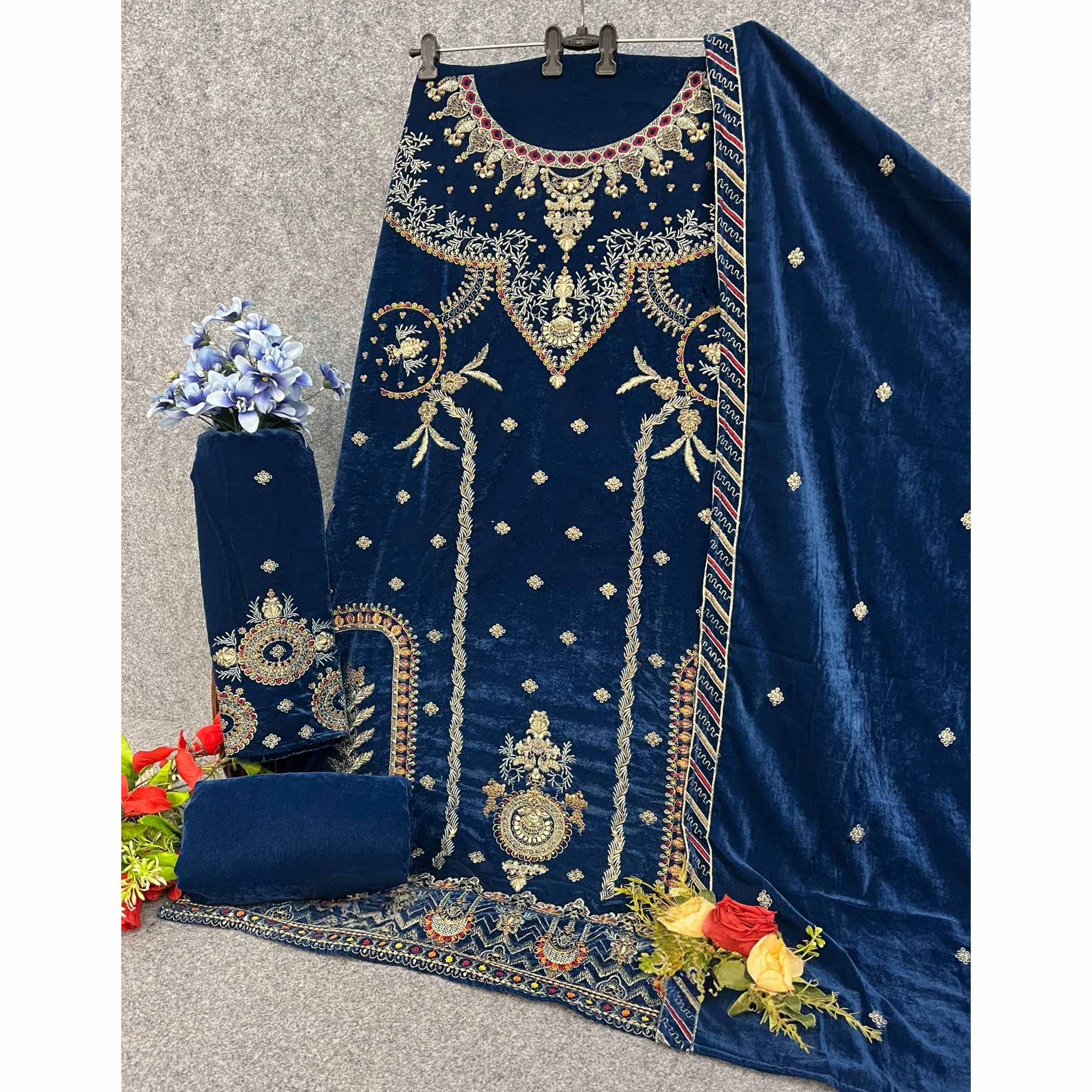 Royal Blue Velvet Dress Material Adorned with Sequins & Thread Embroidery - Image 4