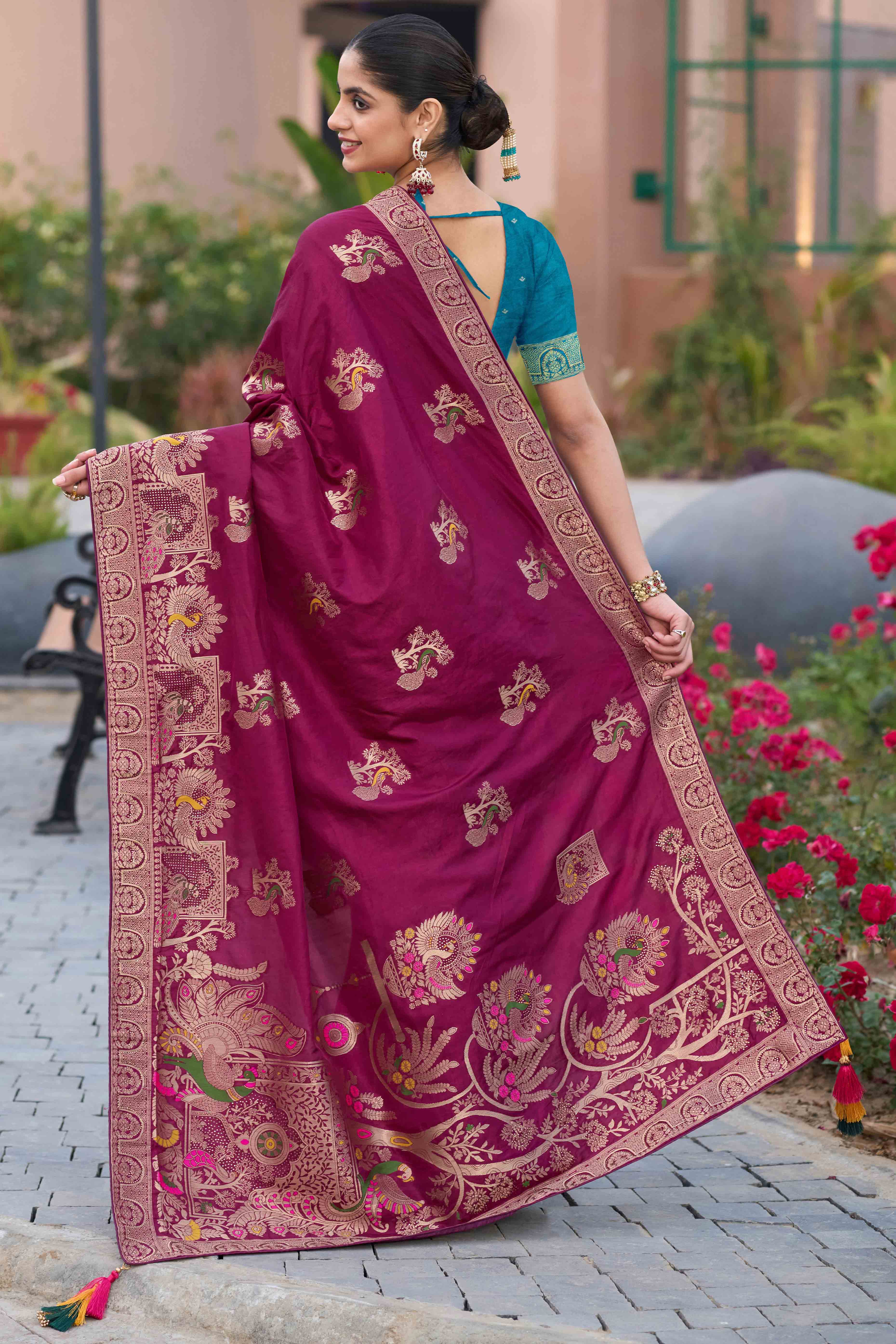 Royal Dark Magenta Dola Silk Saree With Intricate Zari Weaving & Swarovski Embellishments - Image 5