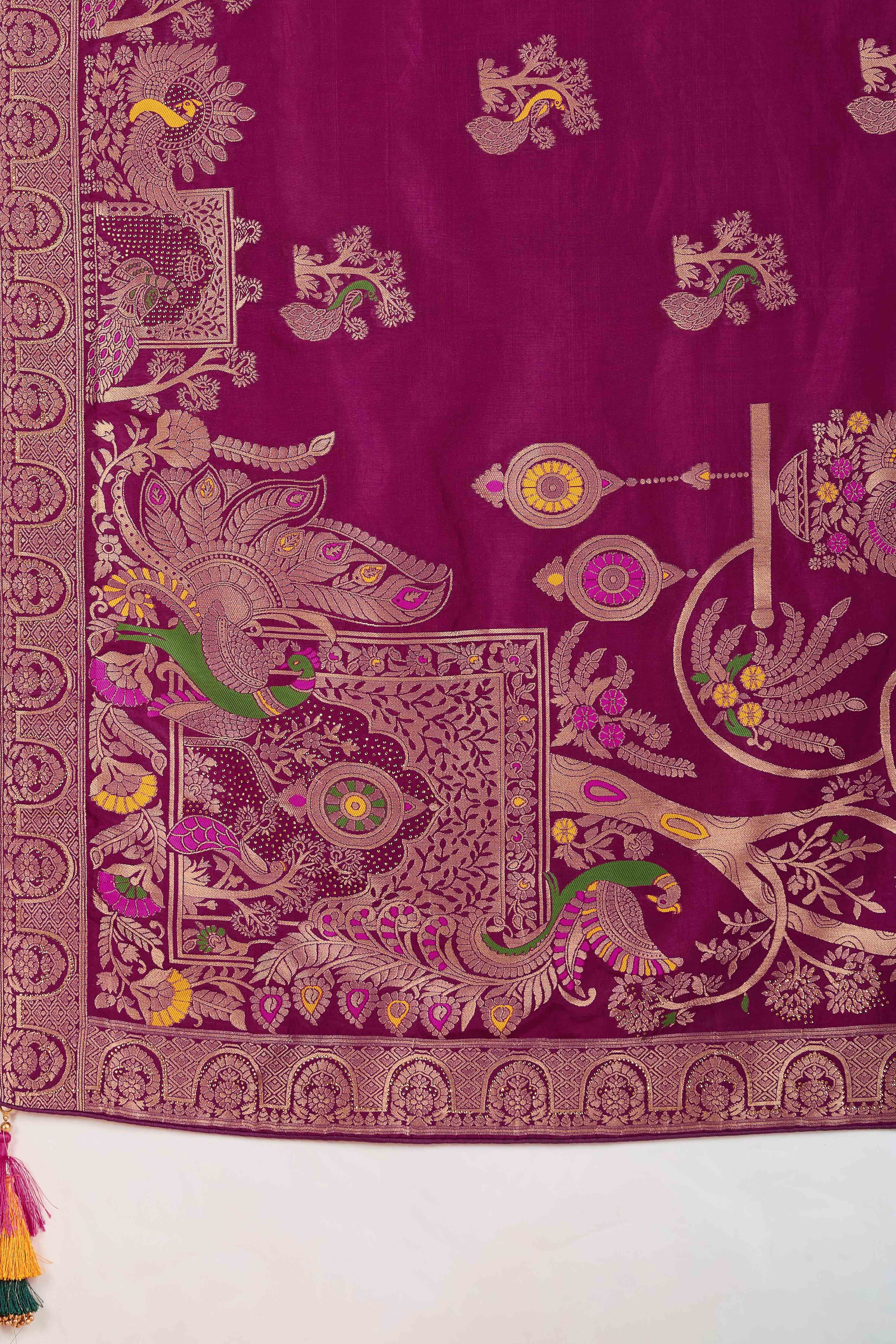 Royal Dark Magenta Dola Silk Saree With Intricate Zari Weaving & Swarovski Embellishments - Image 7