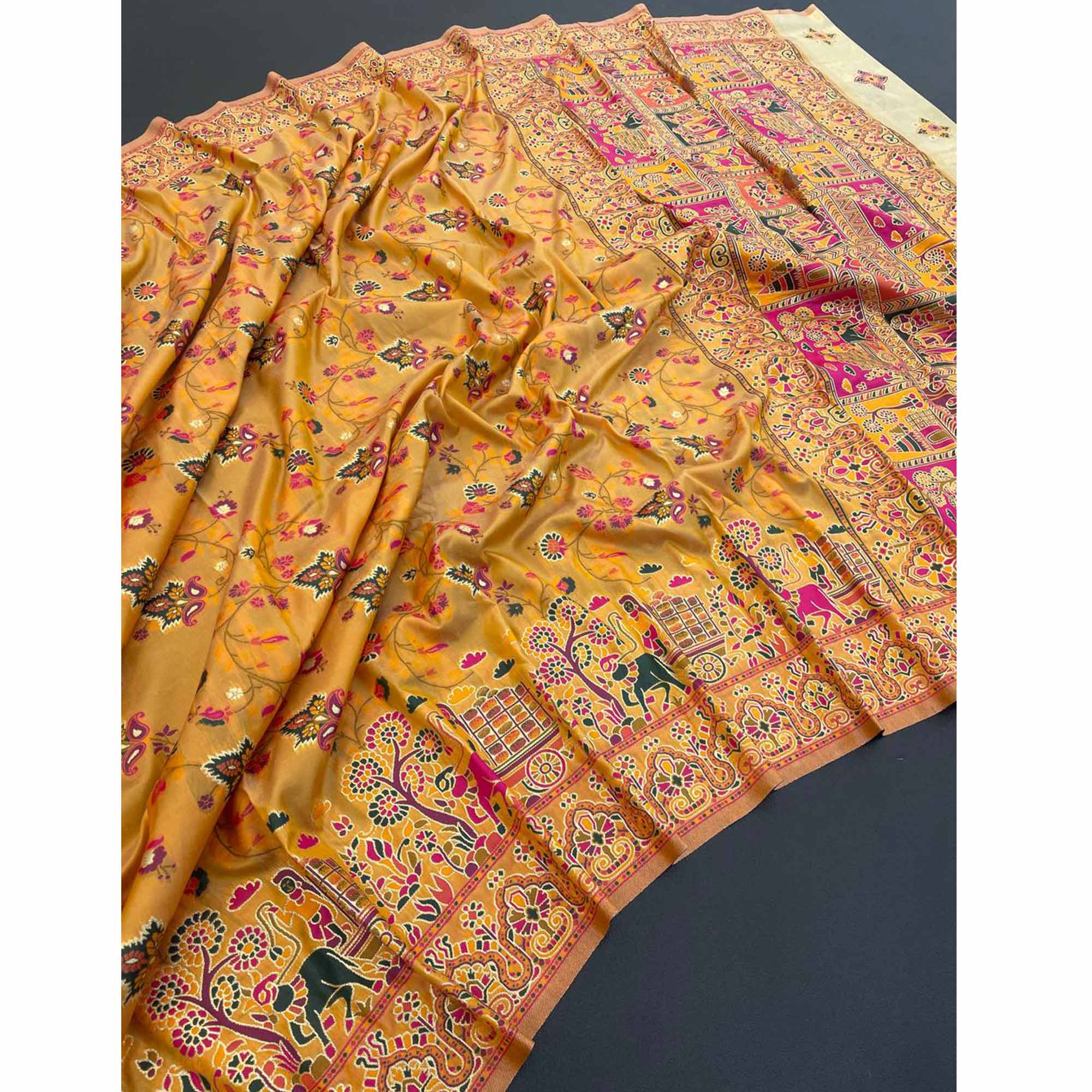Royal Mustard Pashmina Silk Saree with Rajwadi Zari Weaving - Image 3