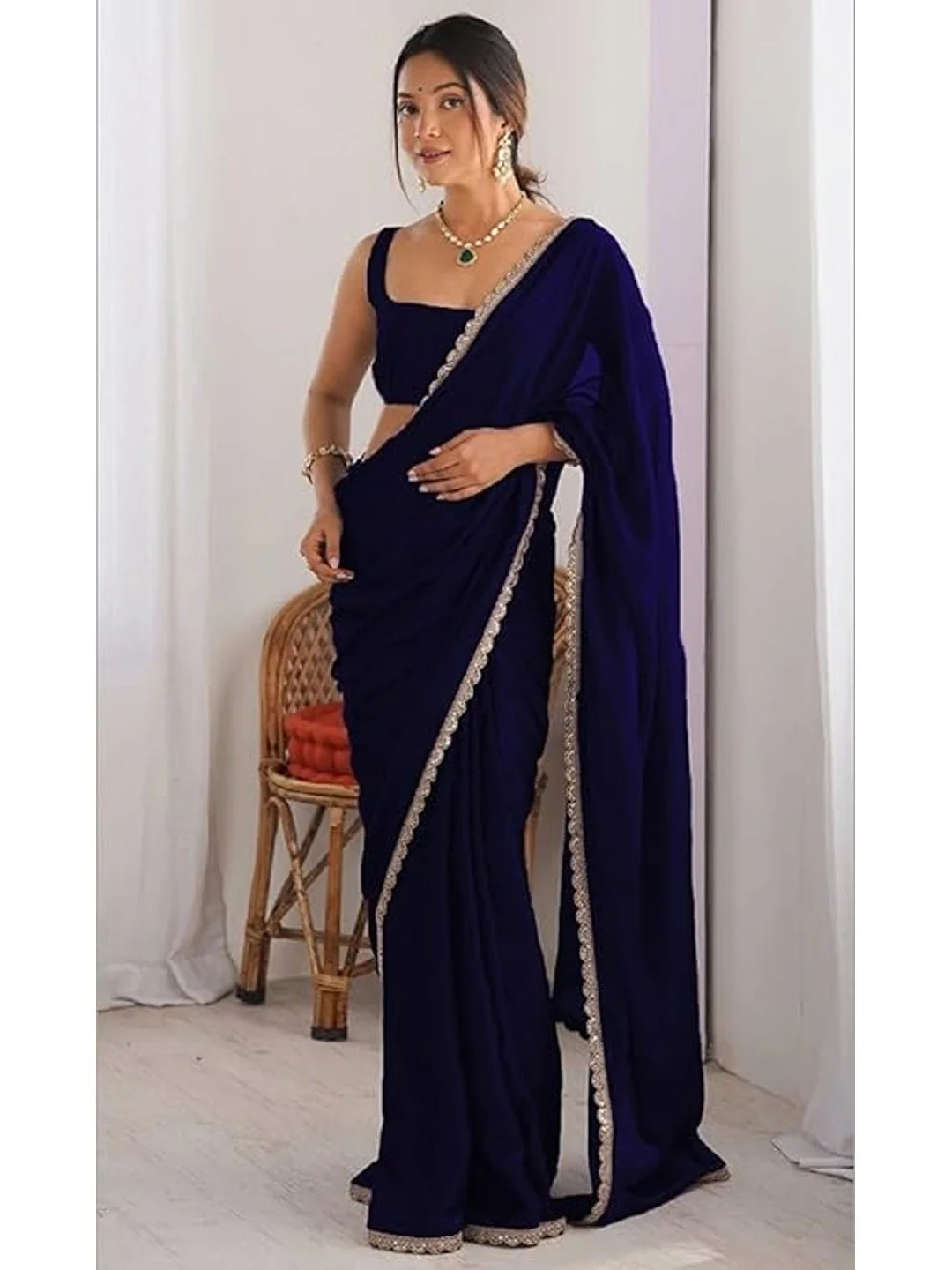 Royal Navy Blue Silk Blend Saree for Evening Parties with Lace Border Accent