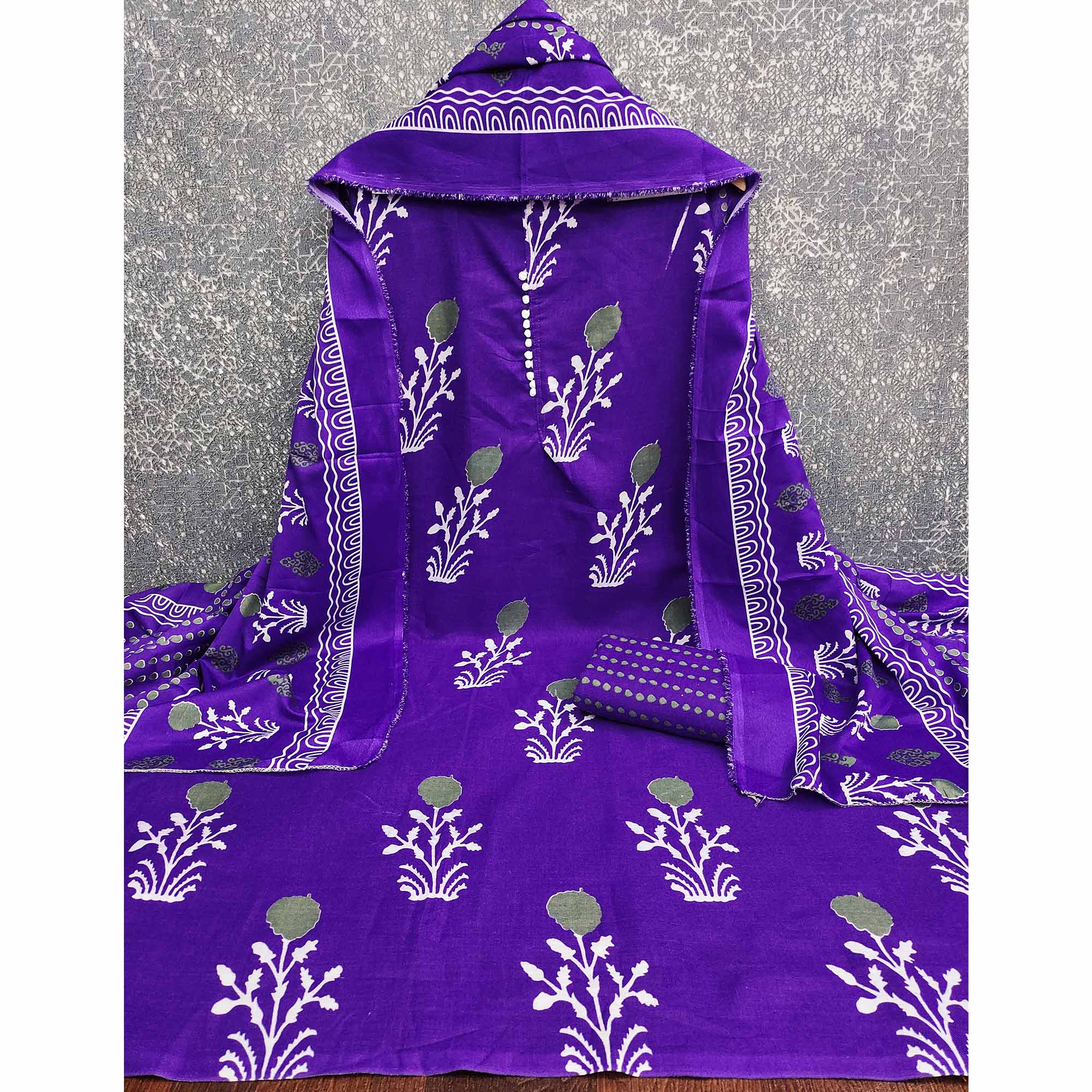 Royal Purple Cotton Blend Dress Material Designed With Beautiful Floral Prints - Image 4