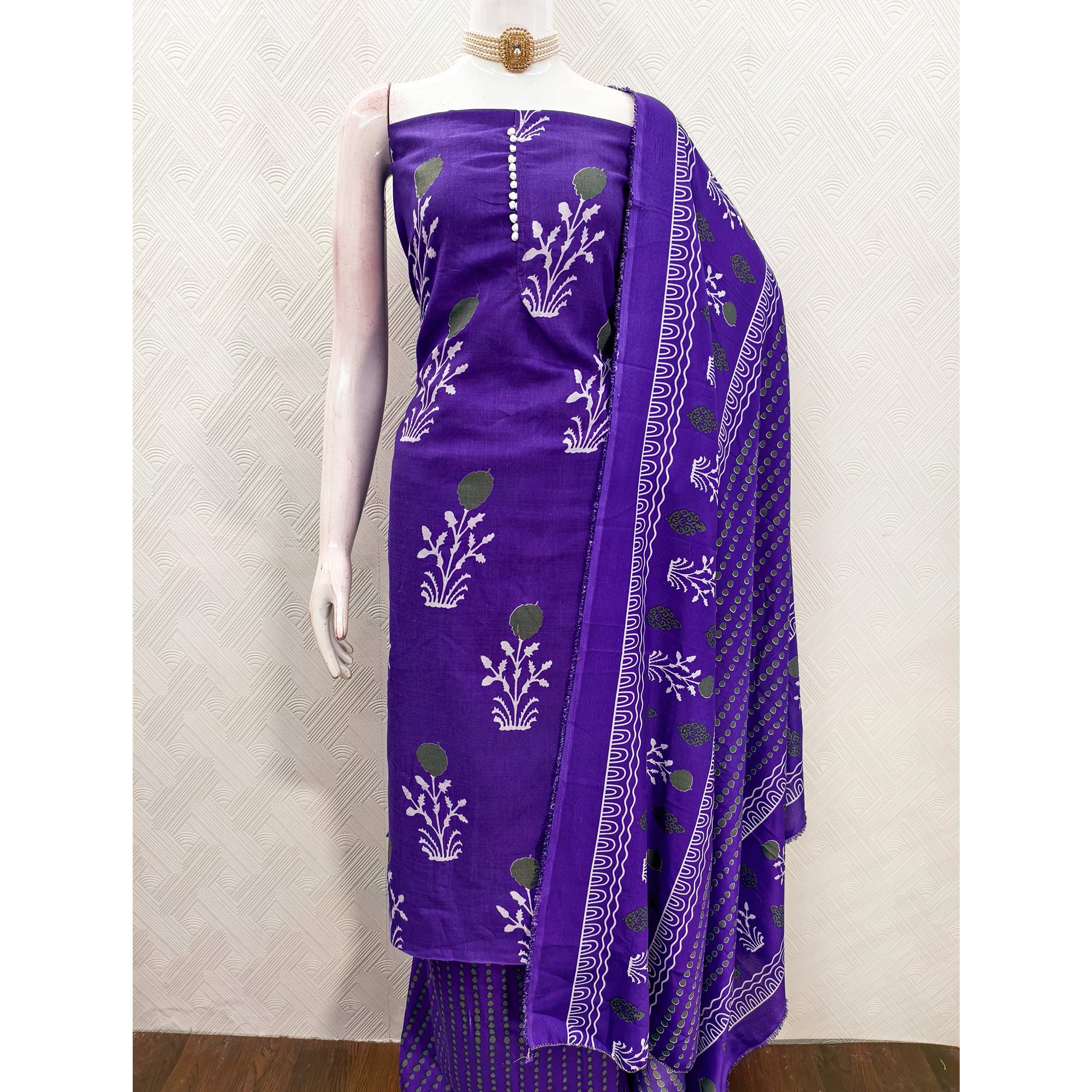Royal Purple Cotton Blend Dress Material Designed With Beautiful Floral Prints - Image 5