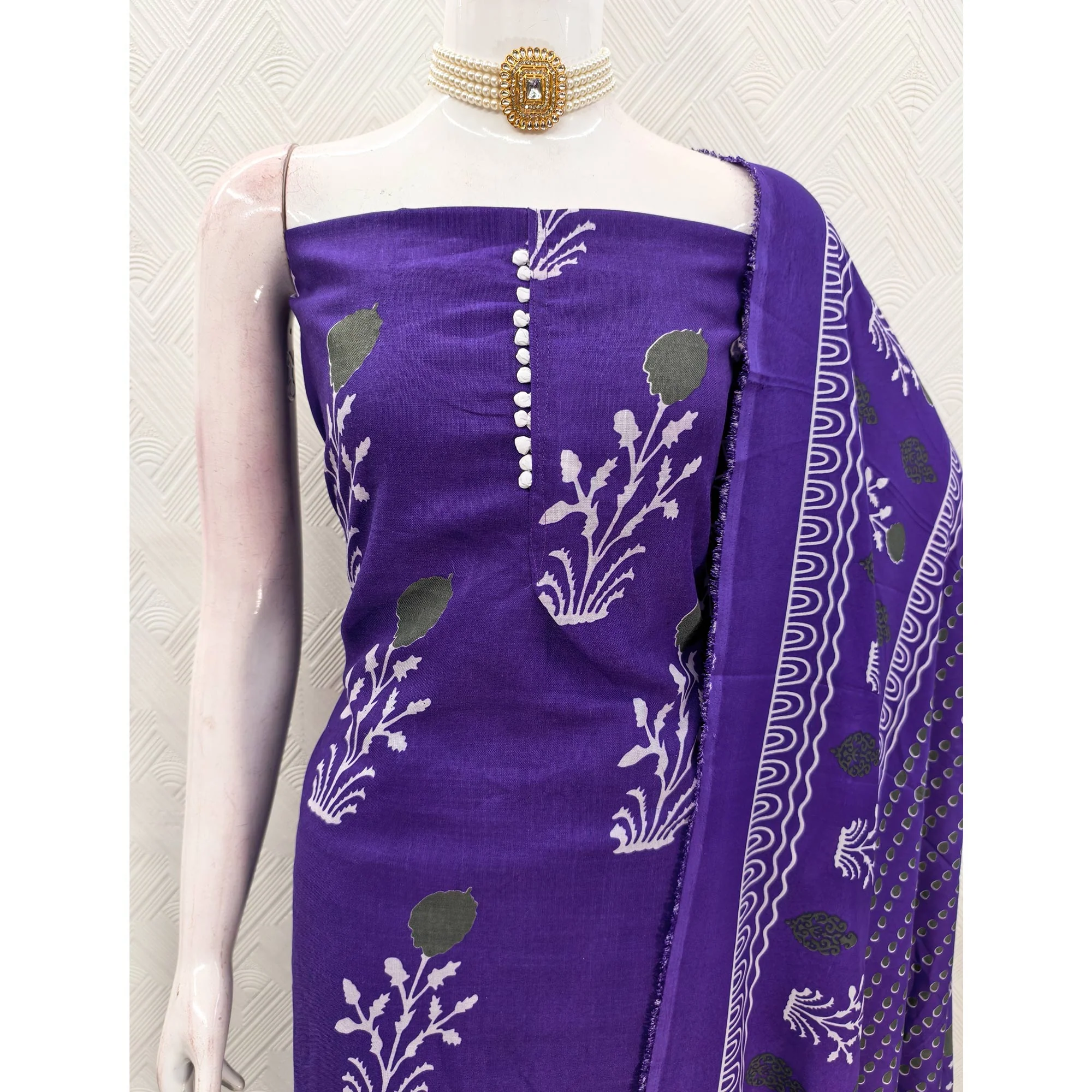 Royal Purple Cotton Blend Dress Material Designed With Beautiful Floral Prints - Image 6