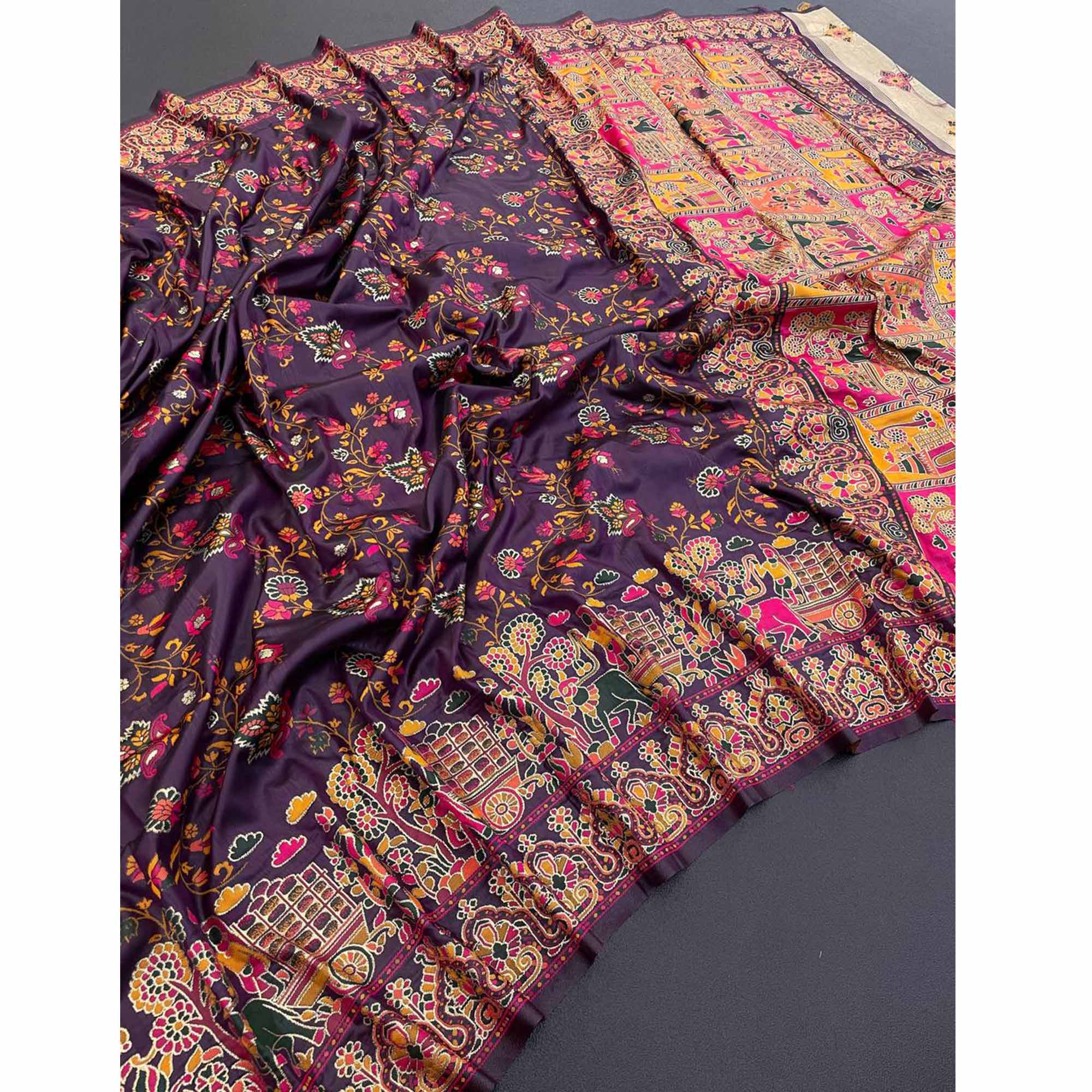 Royal Purple Pashmina Silk Saree with Rajwadi Zari Weaving - Image 3