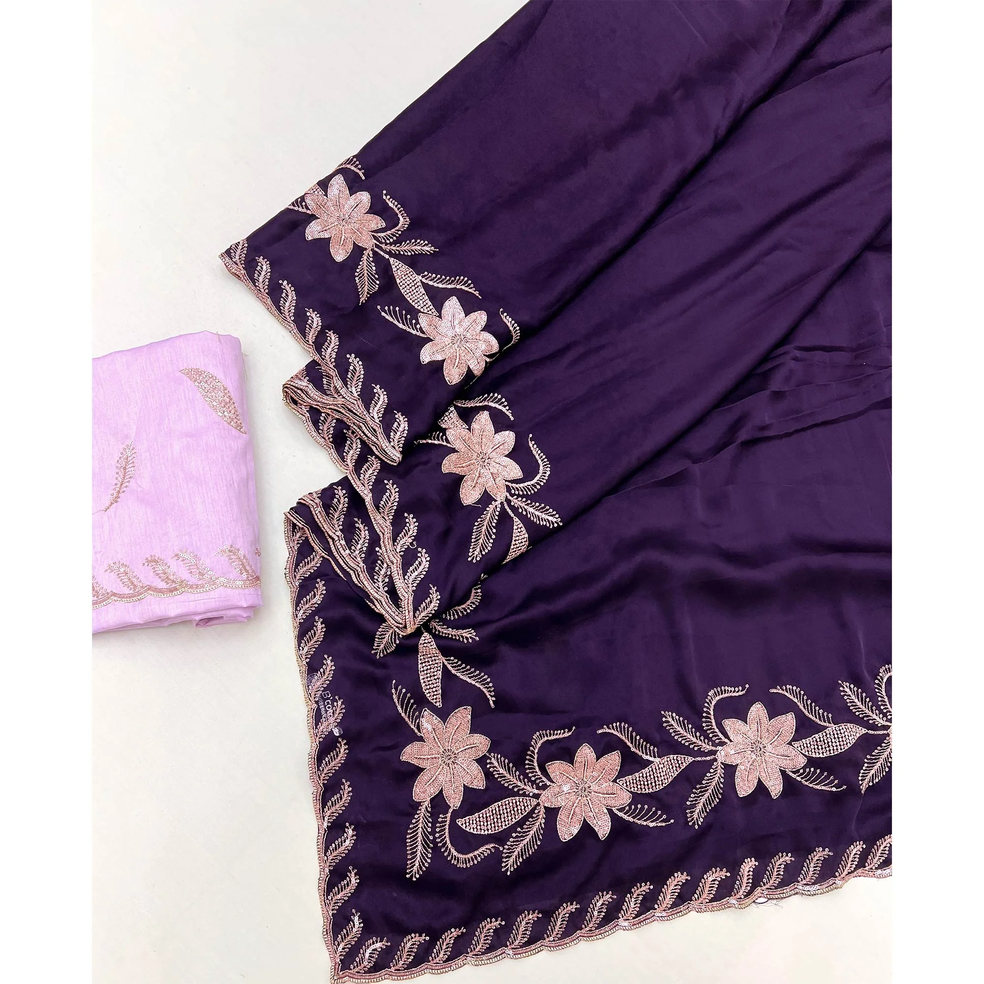 Royal Purple Sequins Work Embroidered Satin Saree for Special Occasions - Image 3