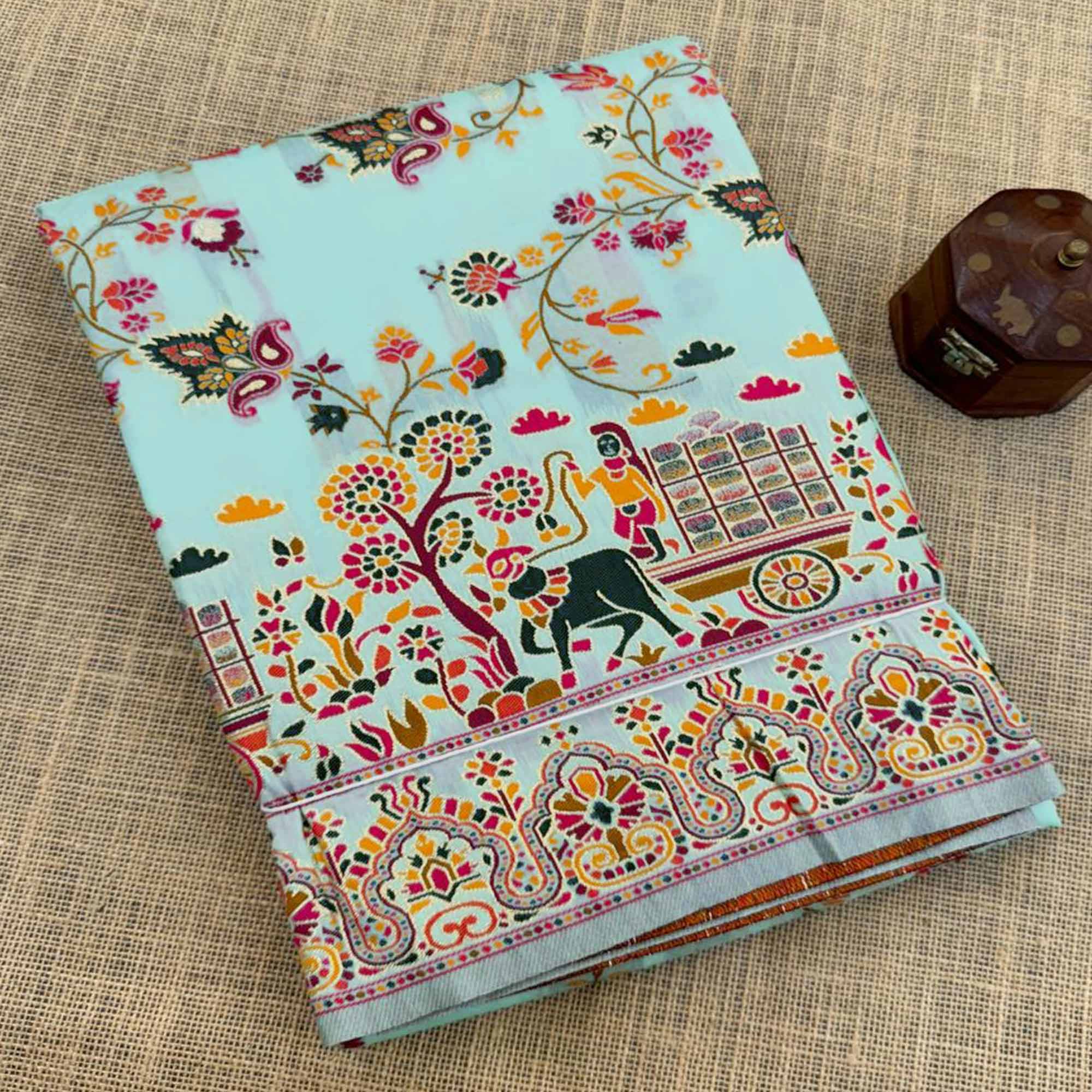 Royal Turquoise Pashmina Silk Saree with Rajwadi Zari Weaving - Image 4