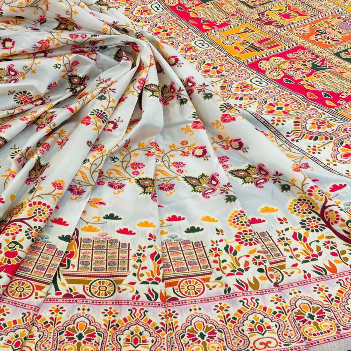 Royal White Pashmina Silk Saree with Rajwadi Zari Weaving - Image 2