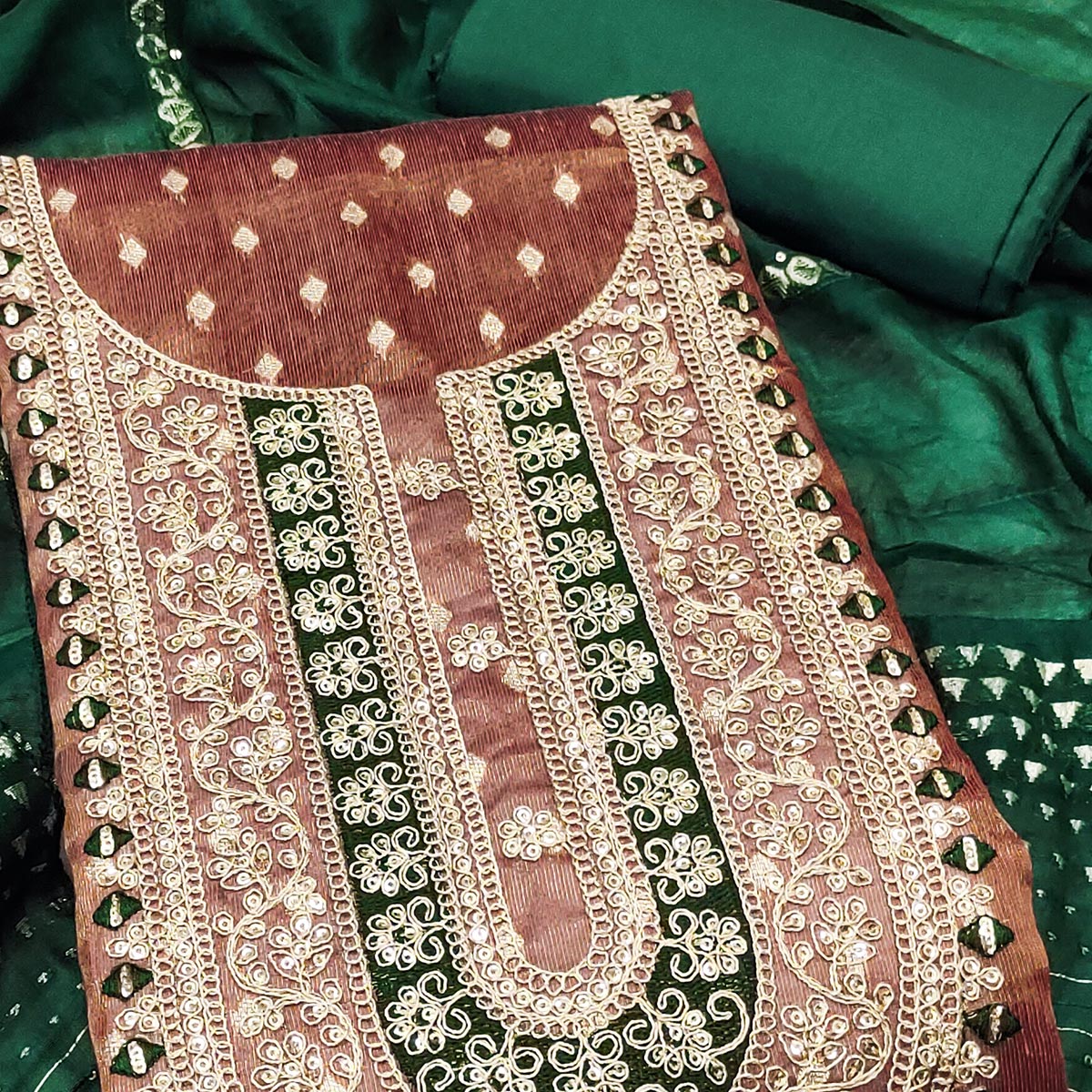 Rust Butti Jacquard Shimmer Dress Material Enhanced With Sequins Cording Embroidery - Image 2