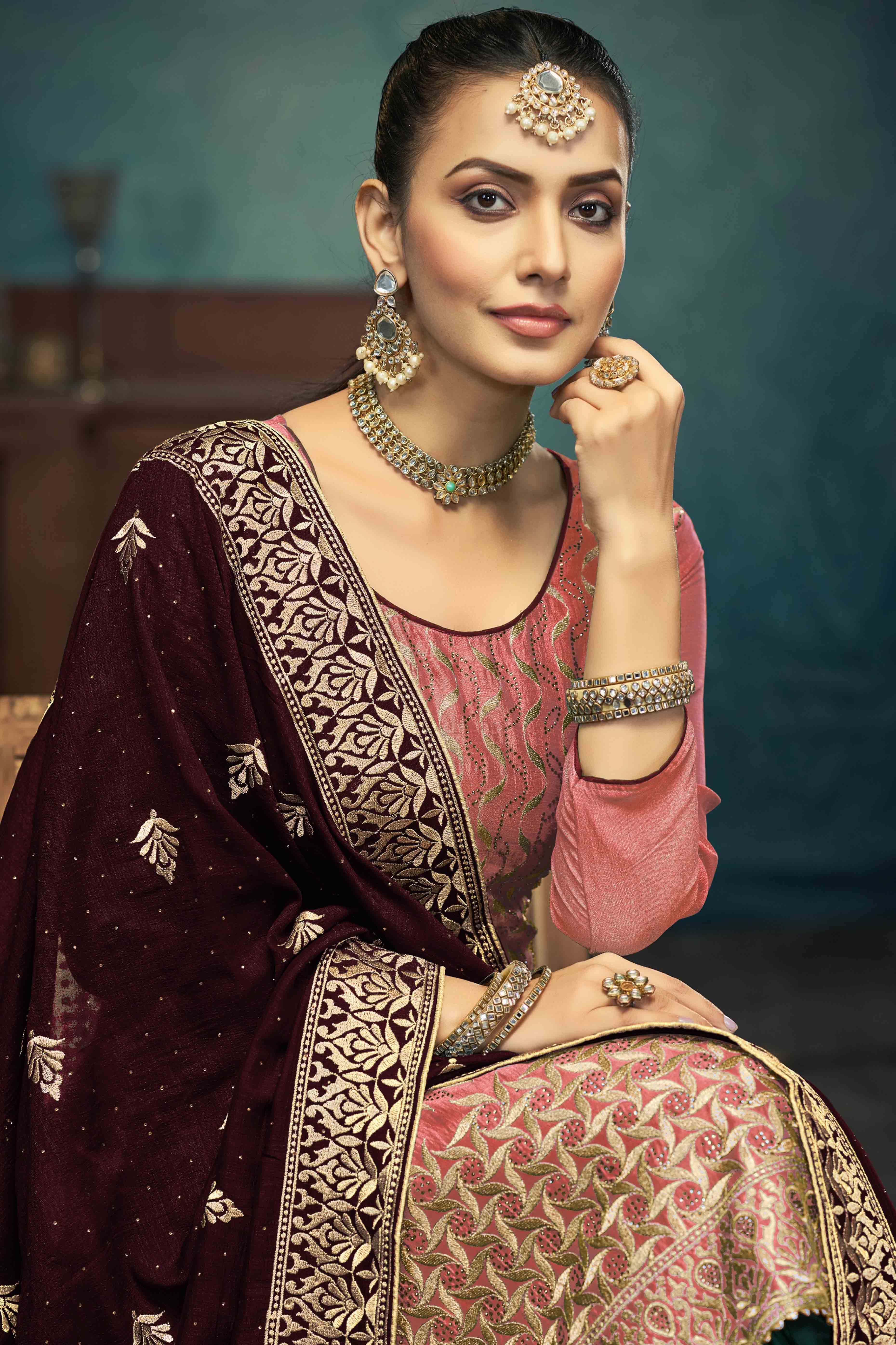 Rust Embroidery With Swarovski Work Vichitra Silk Semi Stitched Suit - Image 3