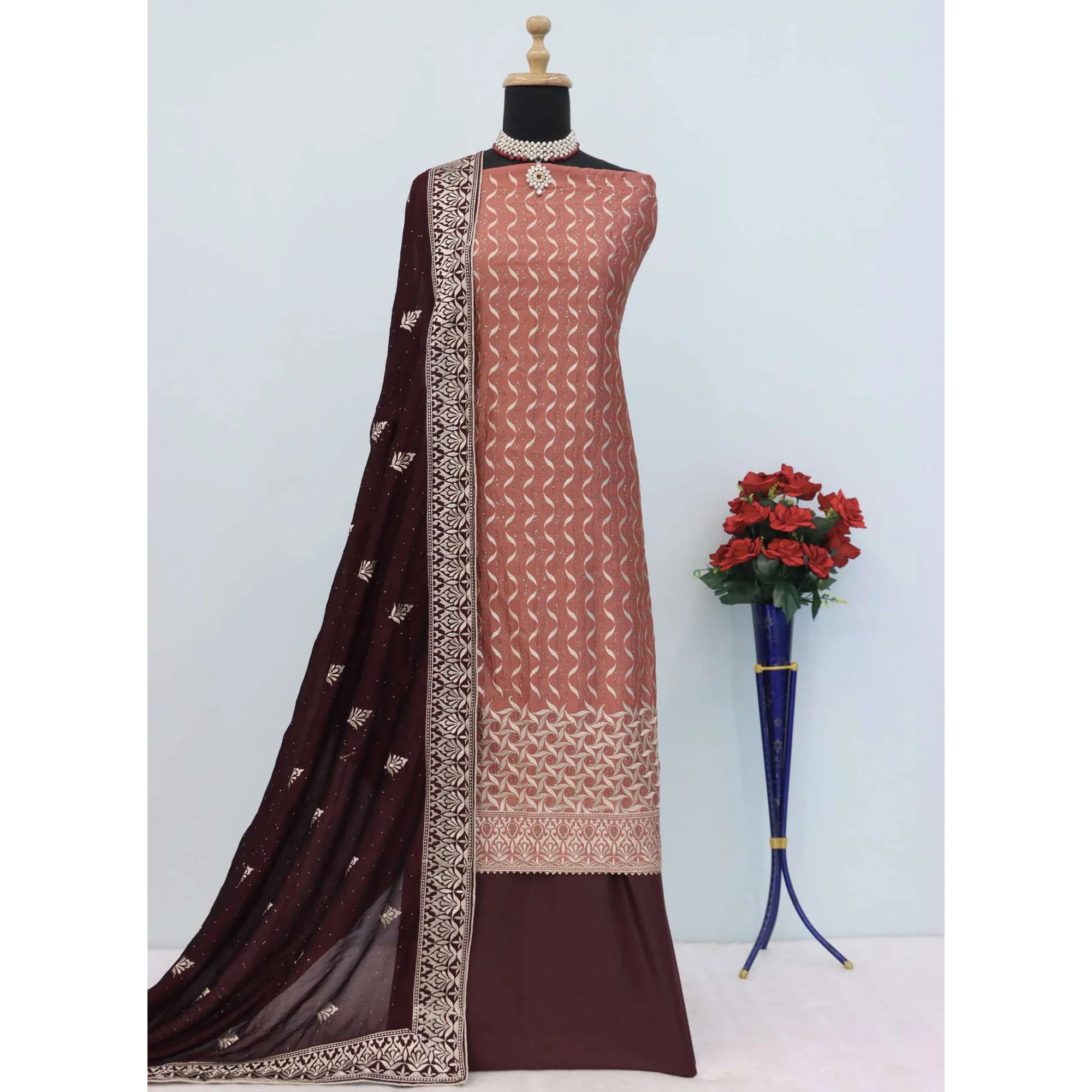 Rust Embroidery With Swarovski Work Vichitra Silk Semi Stitched Suit - Image 4
