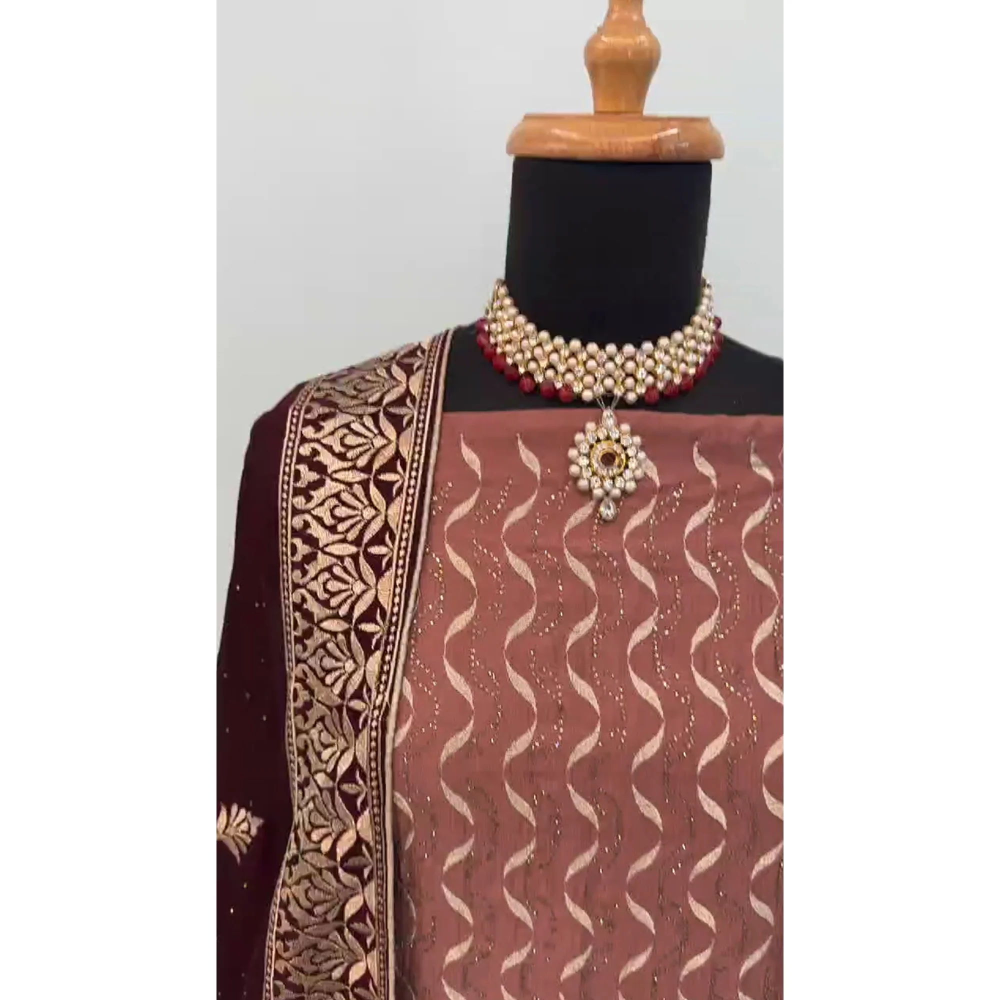 Rust Embroidery With Swarovski Work Vichitra Silk Semi Stitched Suit - Image 5