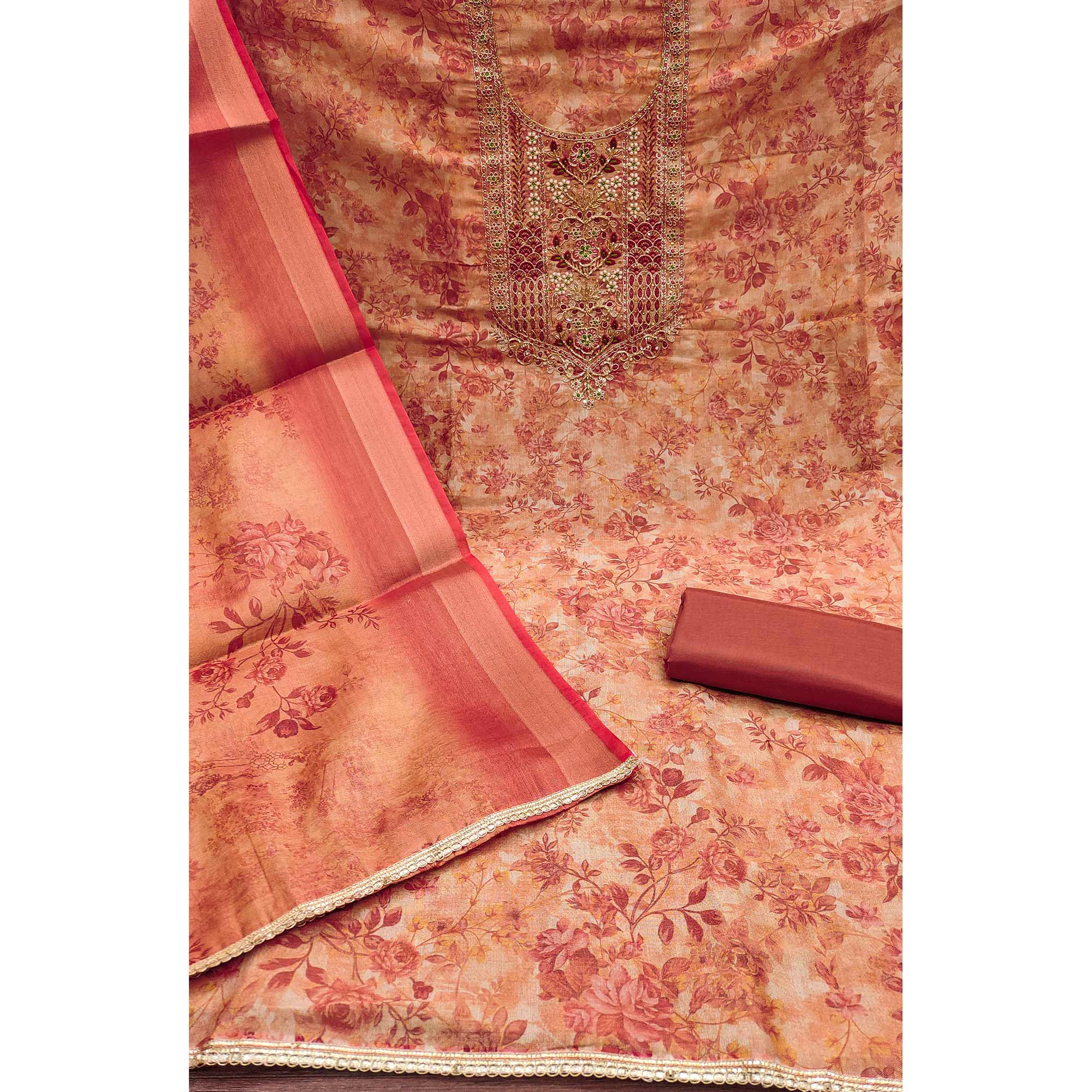 Rust Floral Digital Printed With Moti Handwork Cotton Silk Dress Material - Image 4