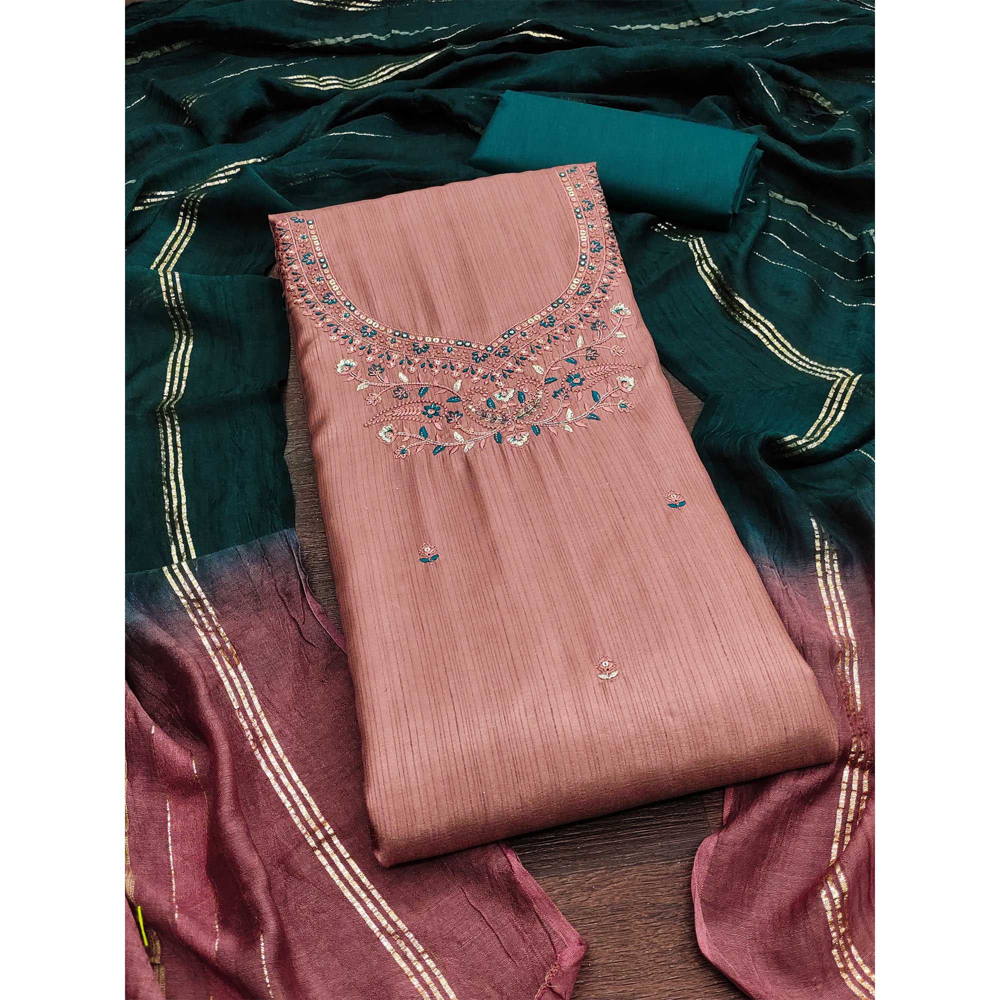 Rust Floral Embroidered Art Silk Dress Material - Image 3