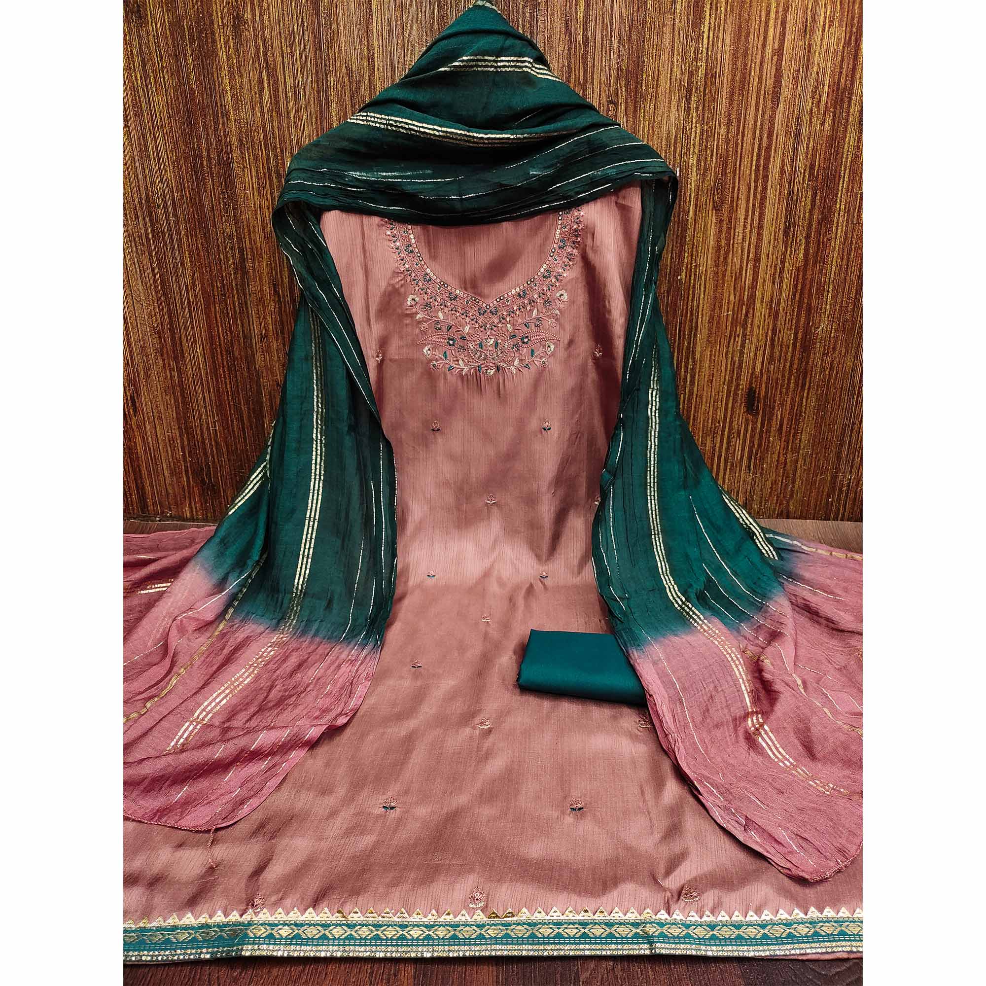 Rust Floral Embroidered Art Silk Dress Material - Image 4