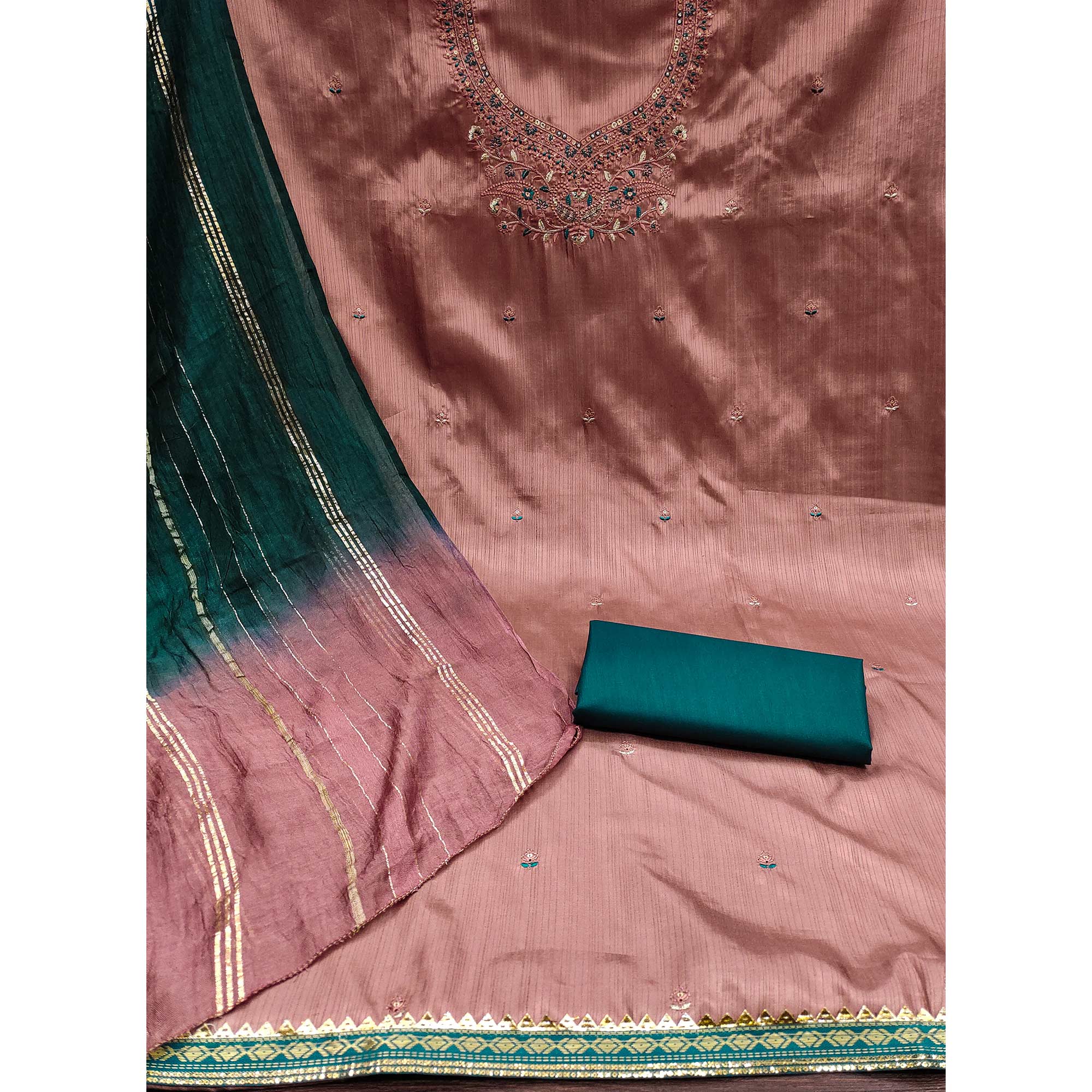 Rust Floral Embroidered Art Silk Dress Material - Image 5