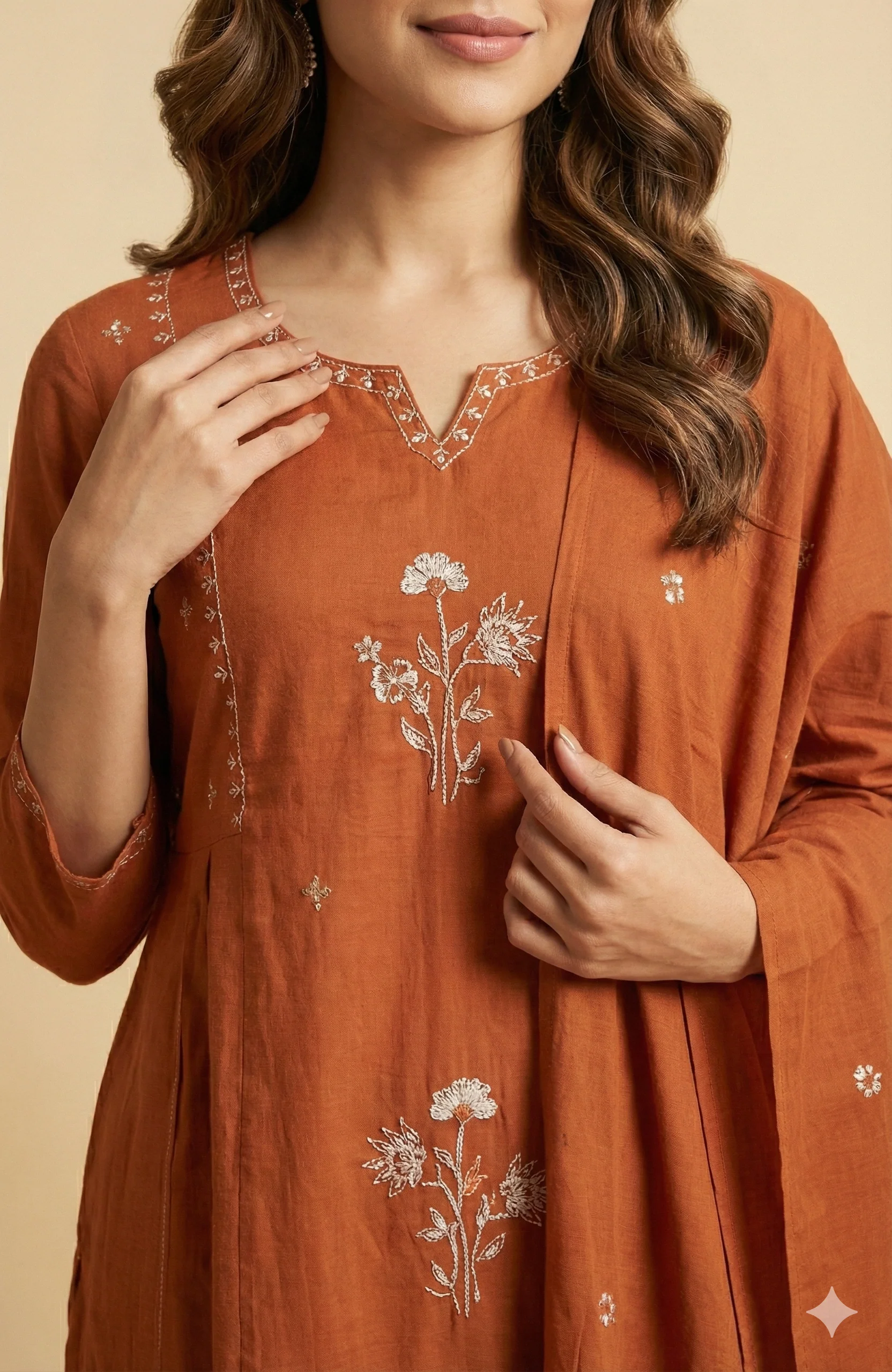 Rust Floral Embroidered Pure Cotton Salwar Suit with Flattering A-Line Fit - Image 2