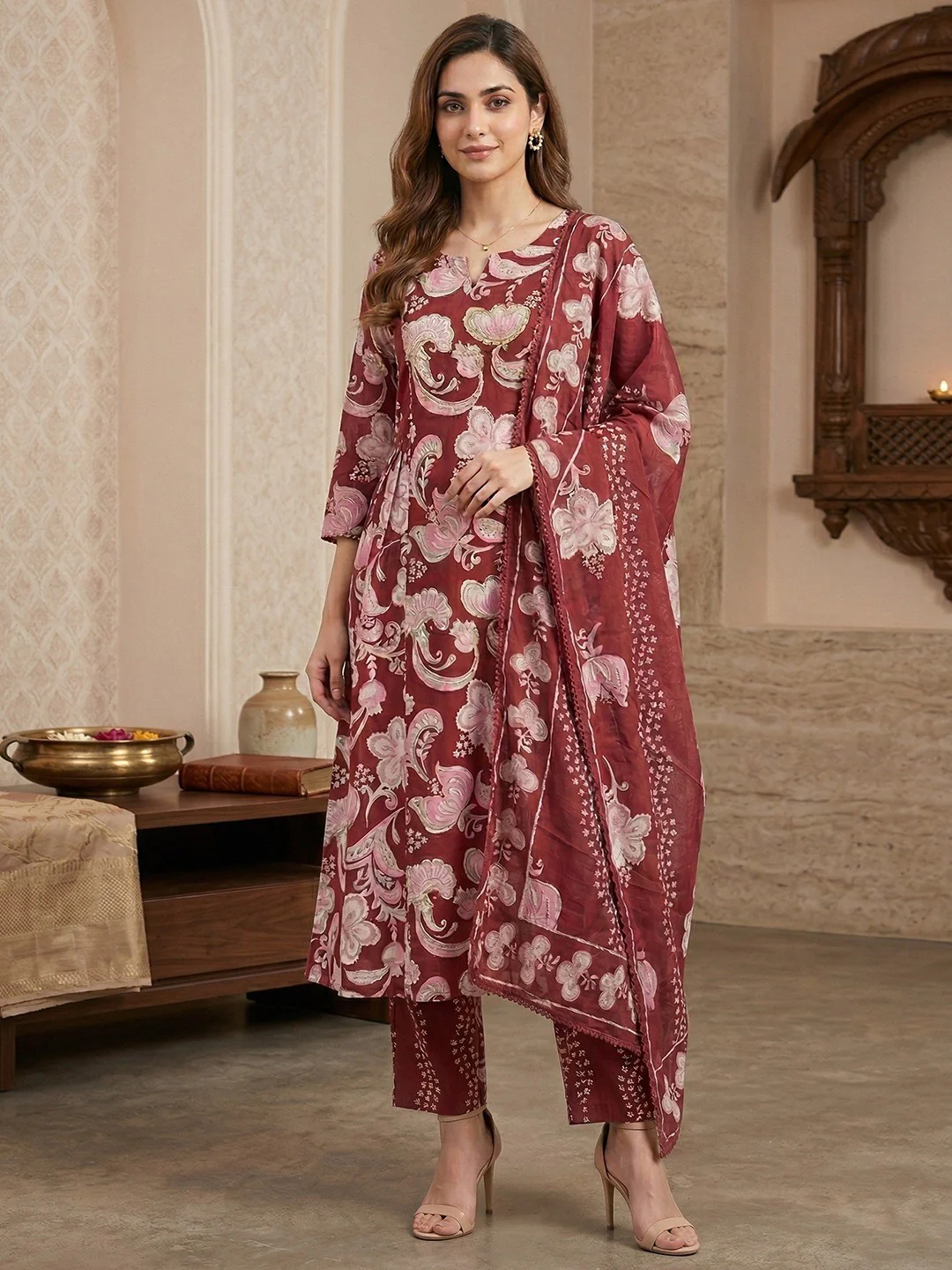 Rust Floral Print Pure Cotton Kurta Salwar Dupatta Set with Elegant Design