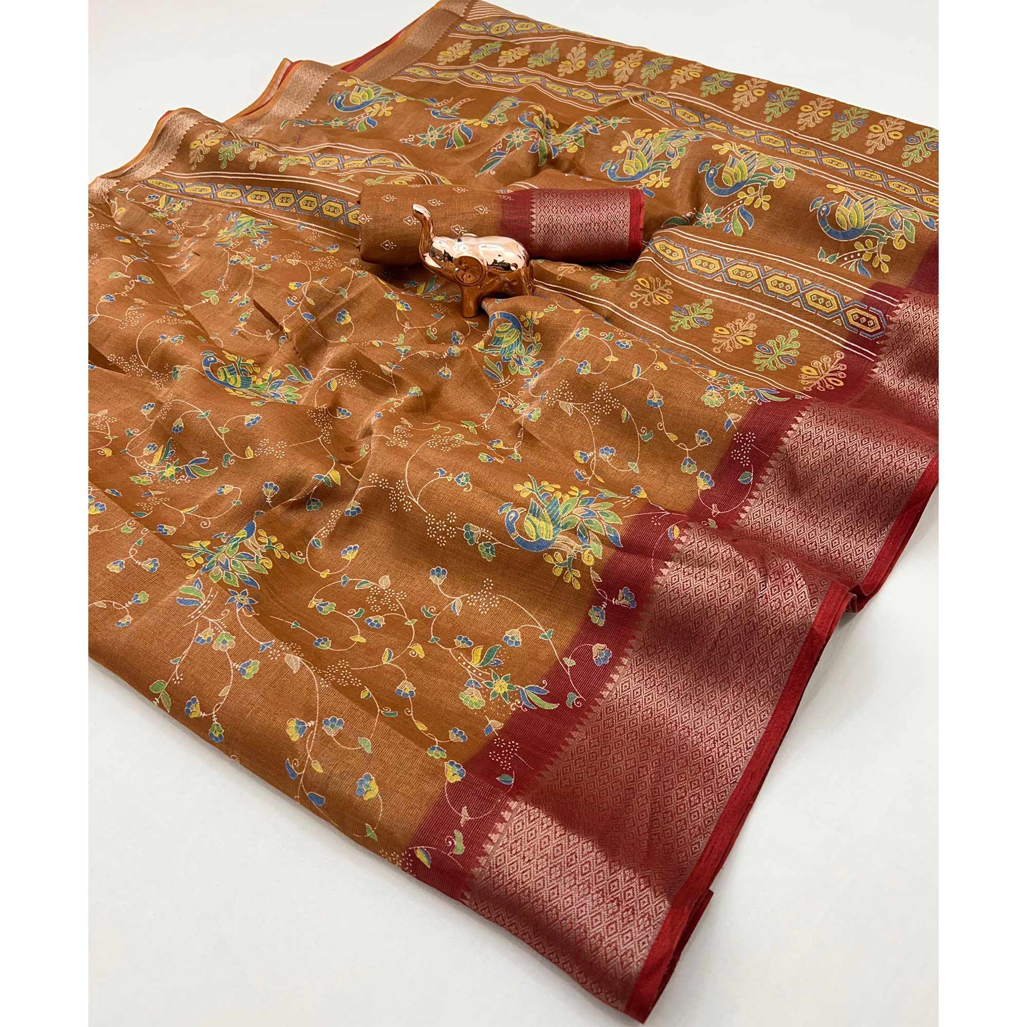 Rust Floral Printed Cotton Blend Saree With Zari Woven Border - Image 3