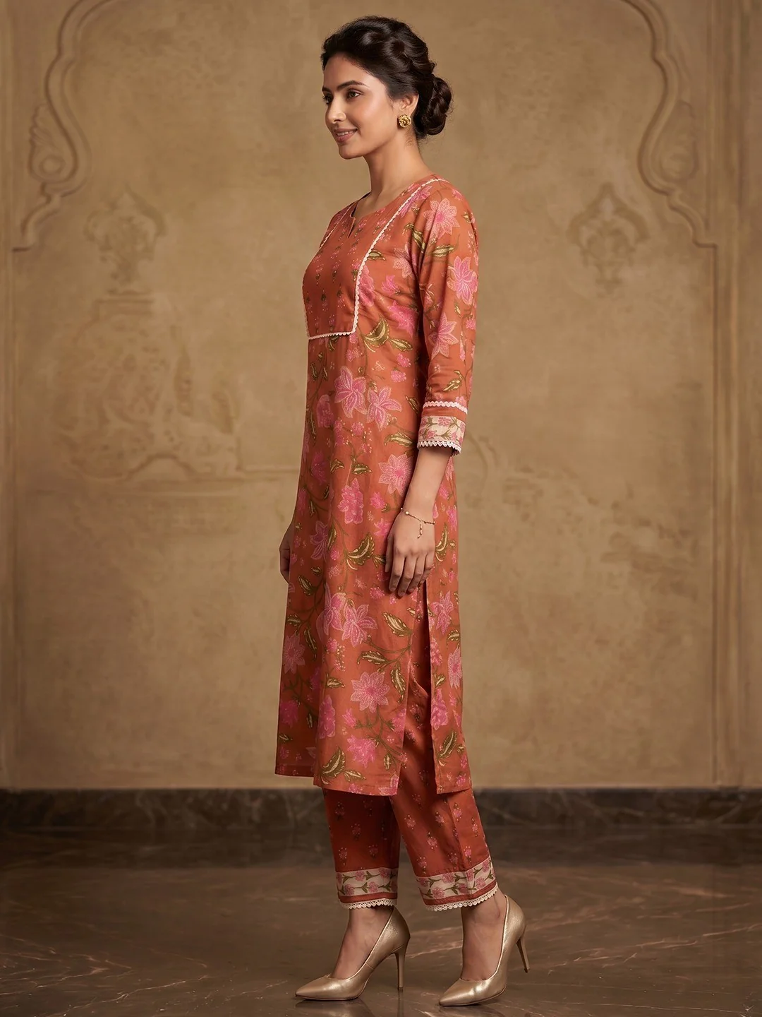 Rust Floral Printed Pure Cotton Straight Kurta with Pants Set - Image 4