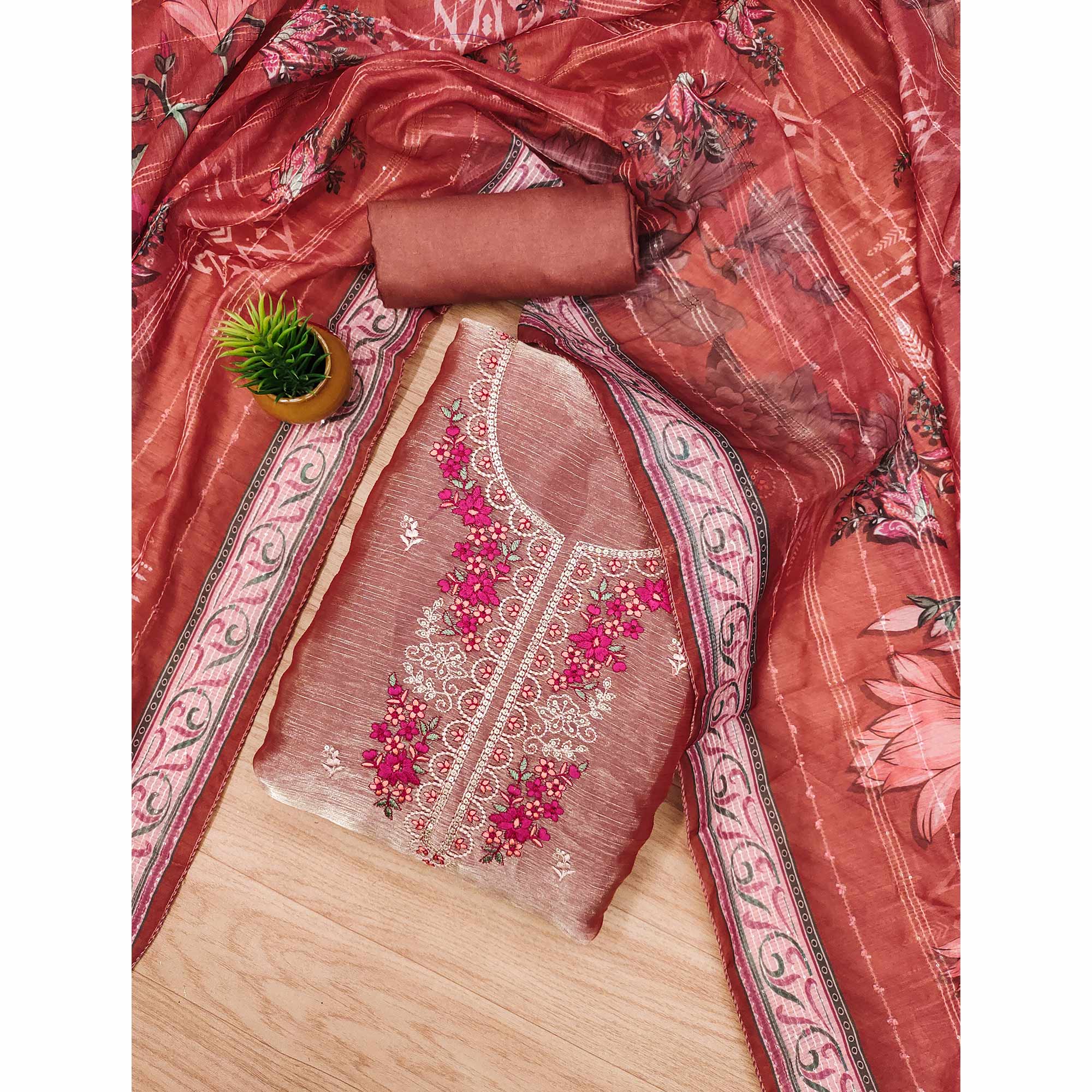 Rust Floral Sequins Embroidered Art Silk Dress Material - Image 3