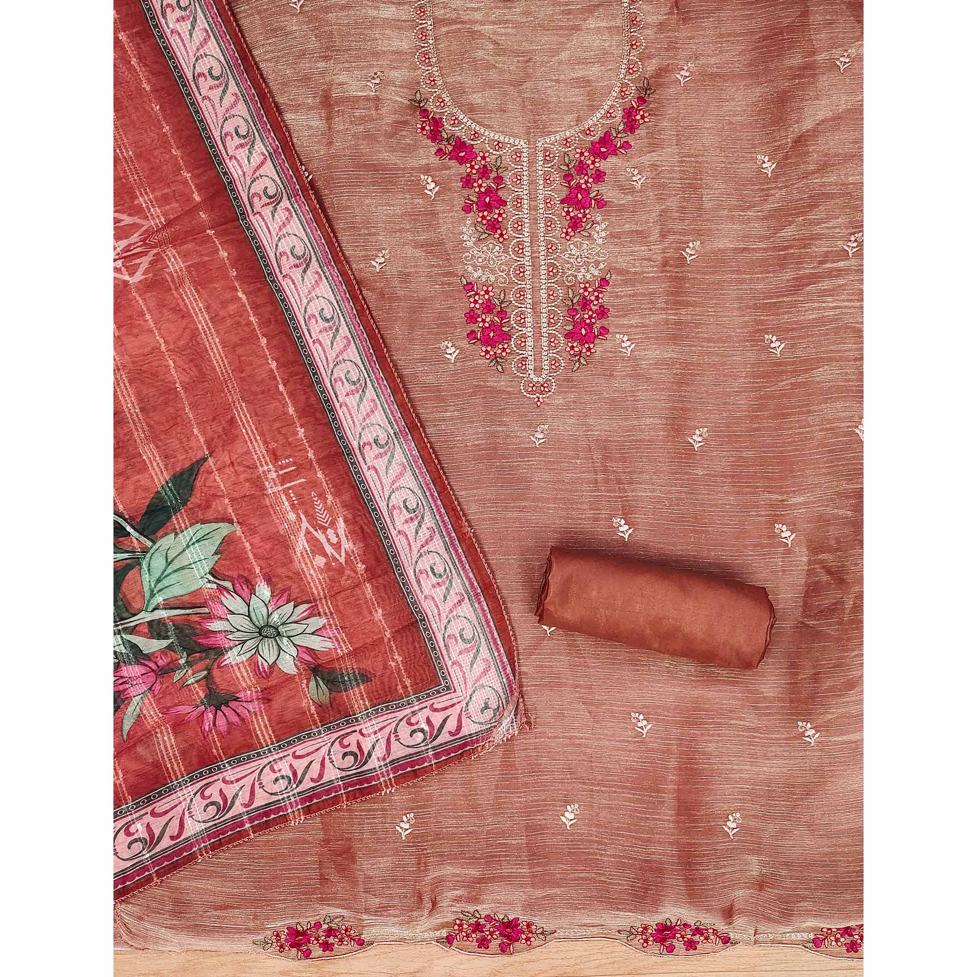 Rust Floral Sequins Embroidered Art Silk Dress Material - Image 4