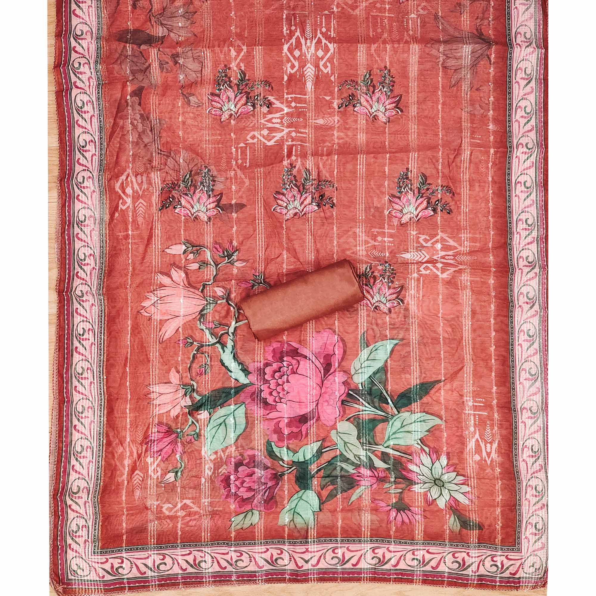 Rust Floral Sequins Embroidered Art Silk Dress Material - Image 5