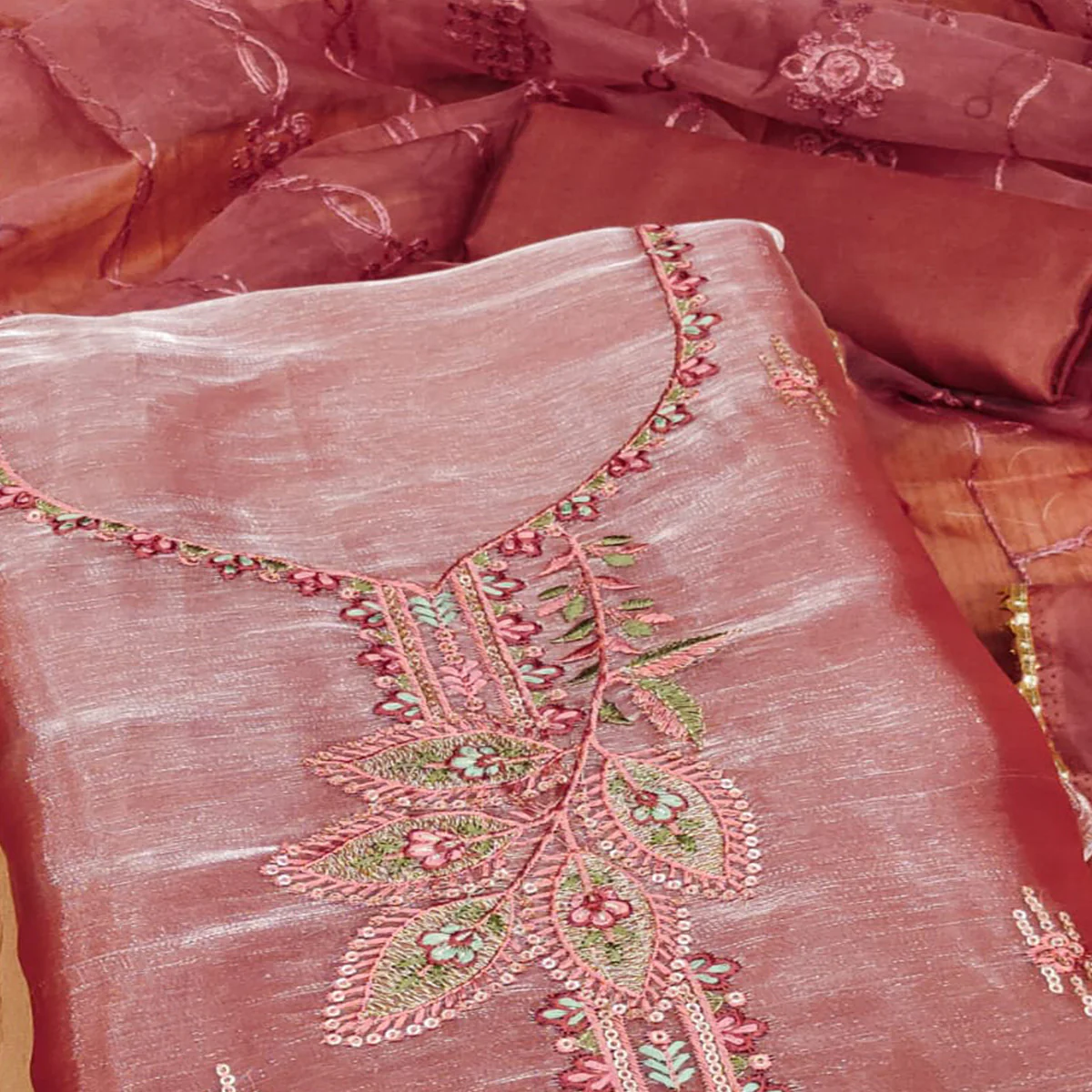 Rust Floral Sequins Embroidered Banarasi Silk Dress Material - Image 2
