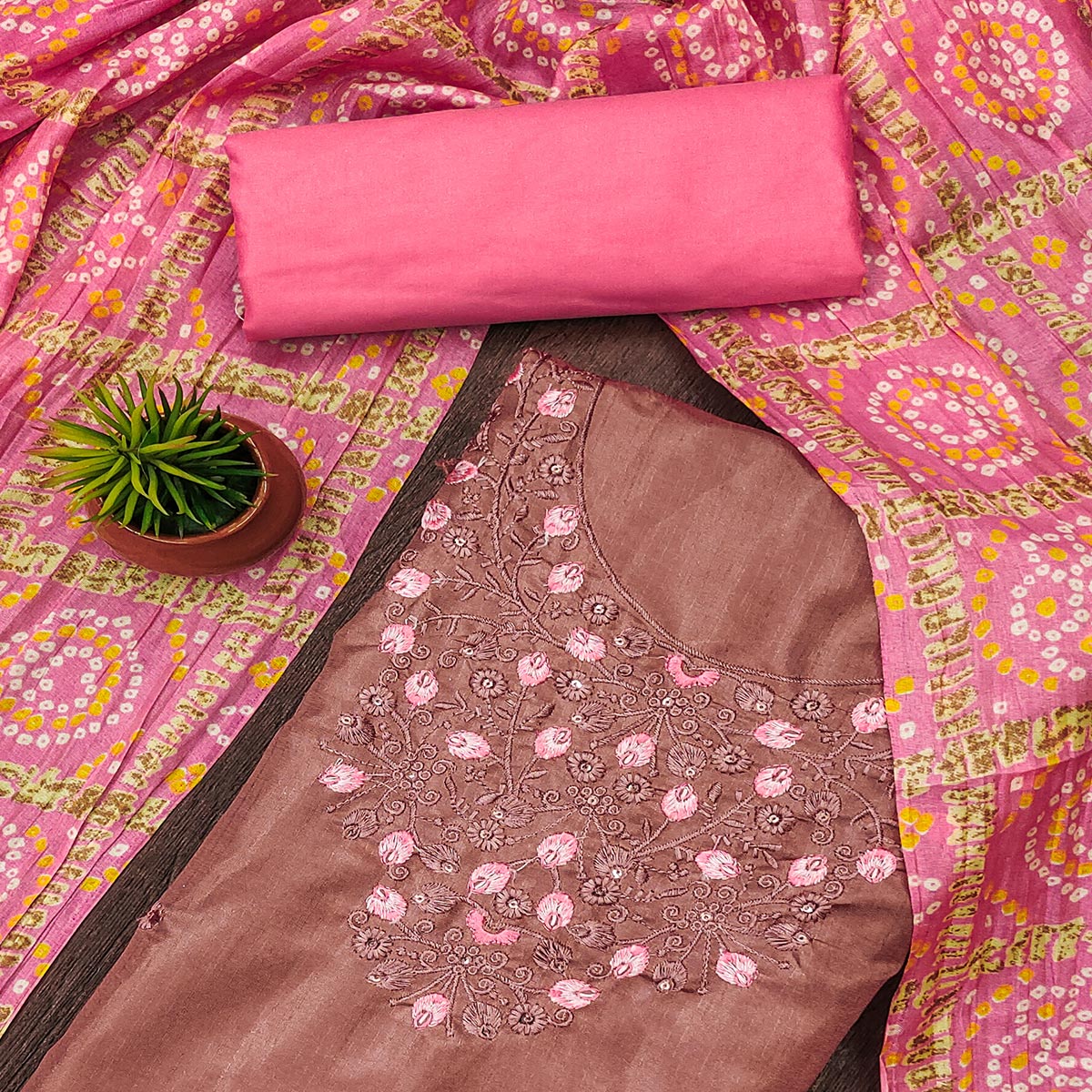 Rust Floral Sequins Embroidered Cotton Blend Dress Material - Image 2