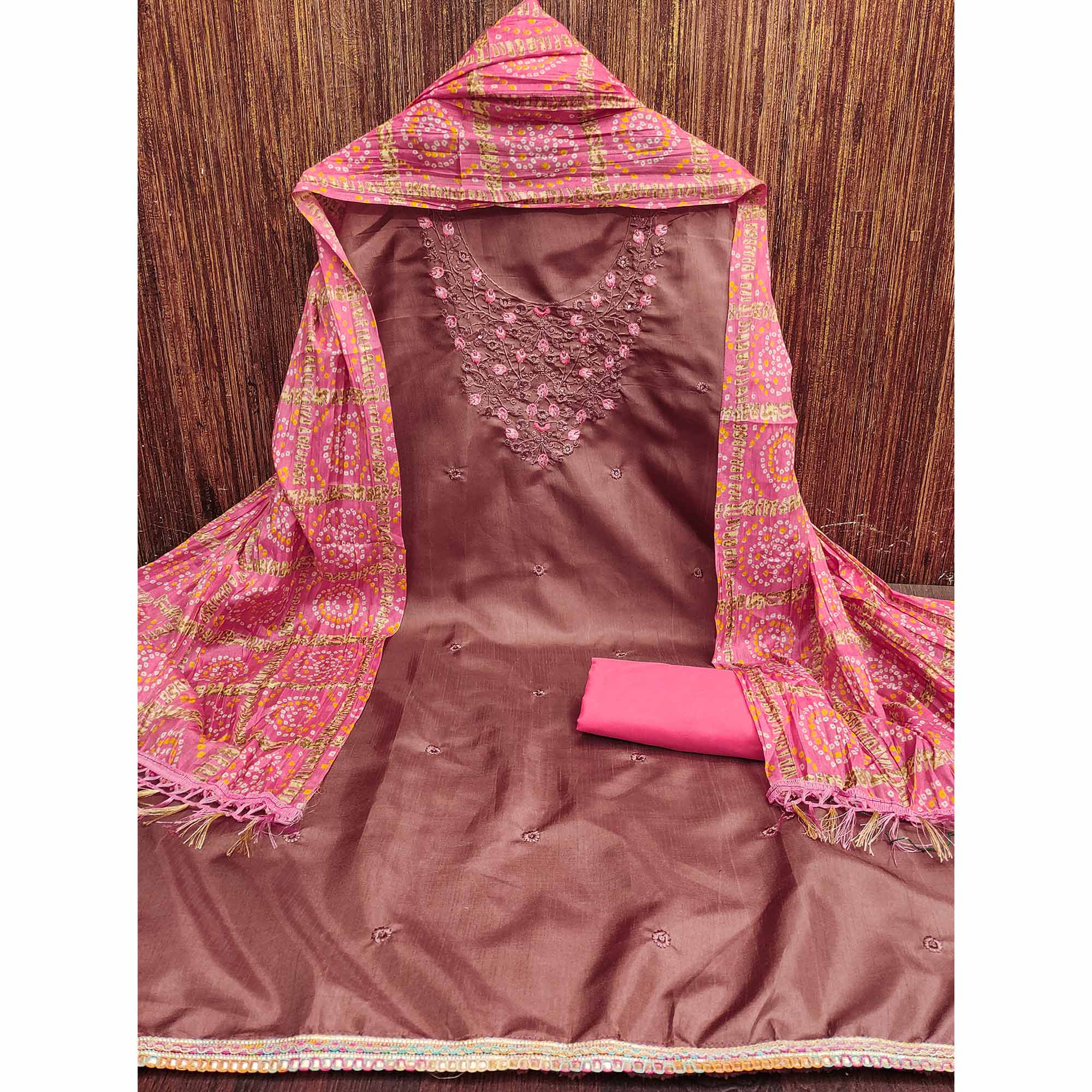 Rust Floral Sequins Embroidered Cotton Blend Dress Material - Image 3