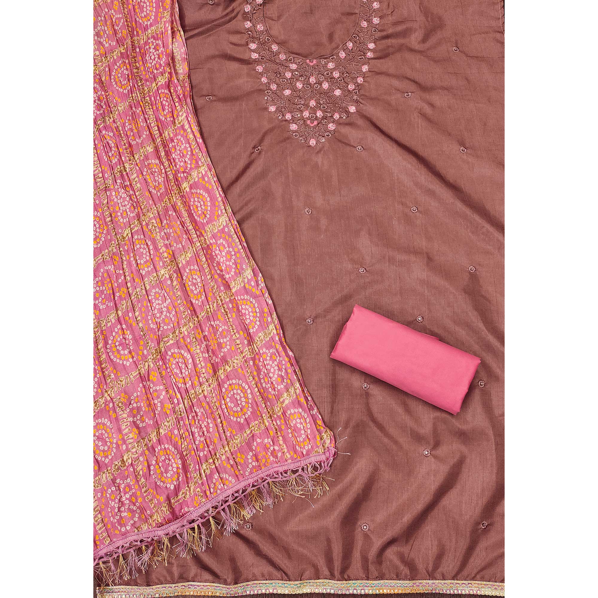 Rust Floral Sequins Embroidered Cotton Blend Dress Material - Image 4