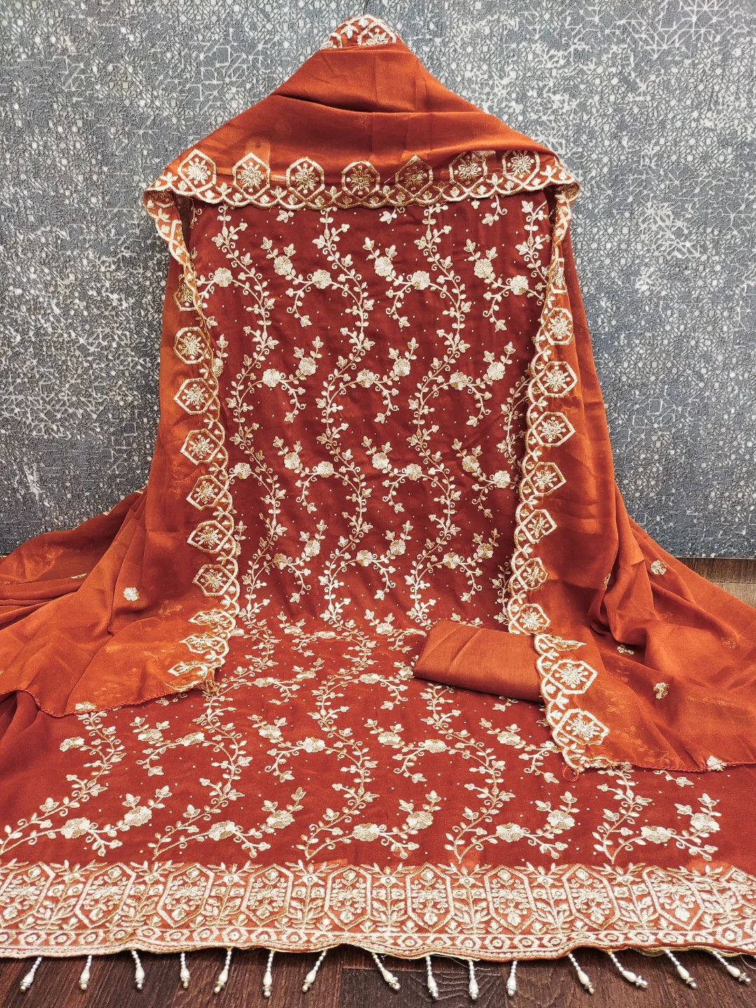 Rust Floral Thread Embroidered Georgette Dress Material with Detailed Floral Embroidery - Image 2