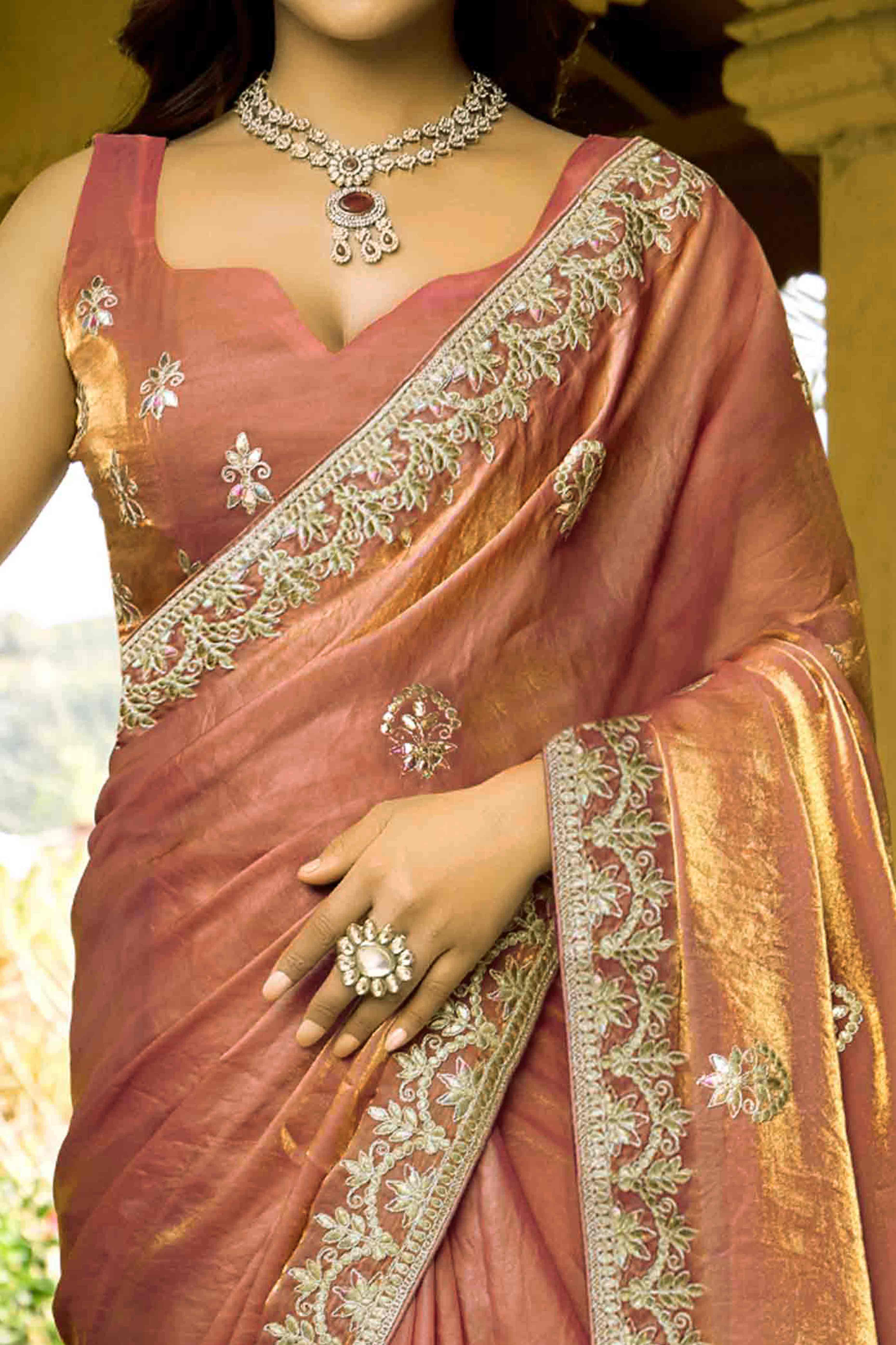 Rust & Gold Floral Gota Patti Work Satin Saree - Image 2