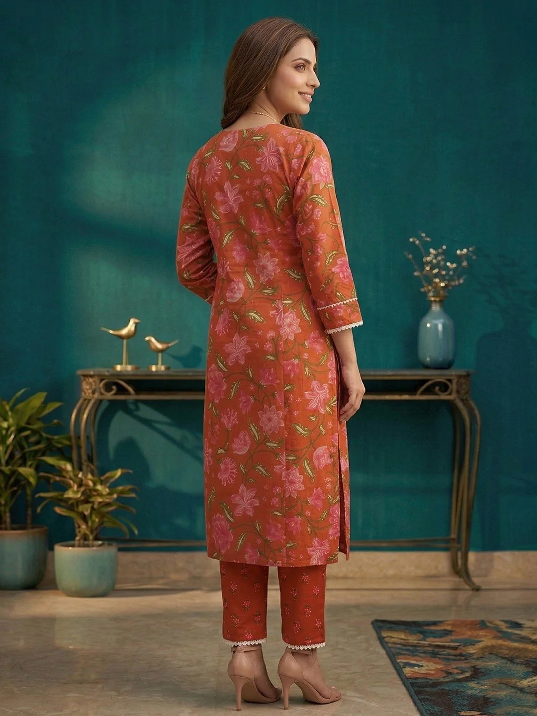 Rust Jaipuri Floral Print Pure Cotton Kurta Salwar Set with Traditional Design Appeal - Image 3