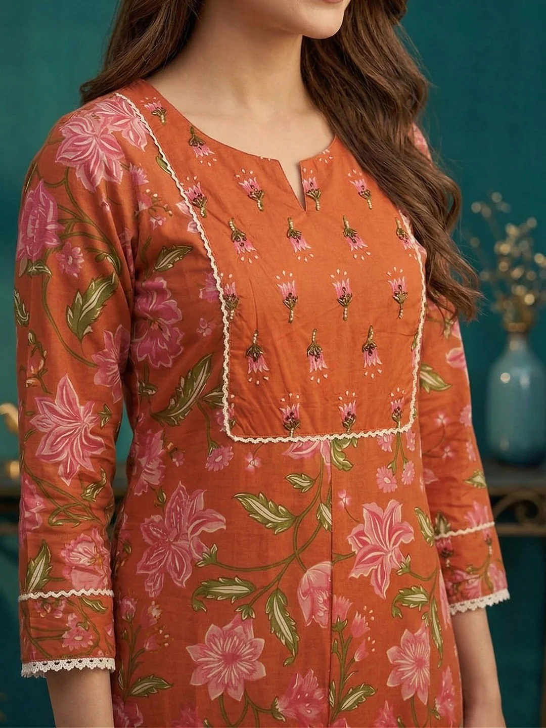 Rust Jaipuri Floral Print Pure Cotton Kurta Salwar Set with Traditional Design Appeal - Image 4