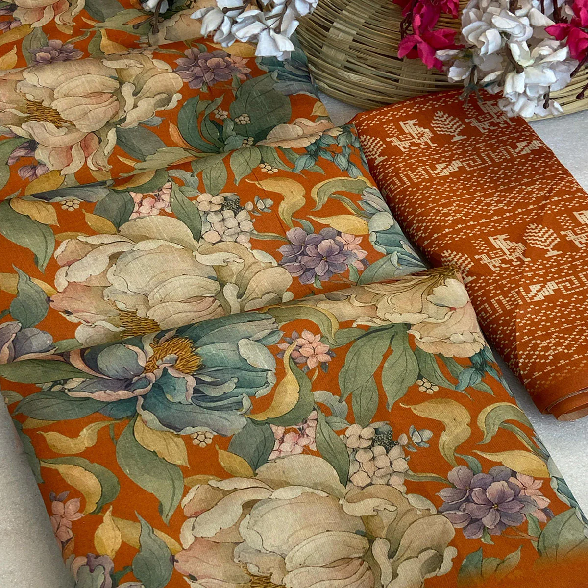 Rust Orange Floral Digital Printed Cotton Handloom Silk Saree - Image 2