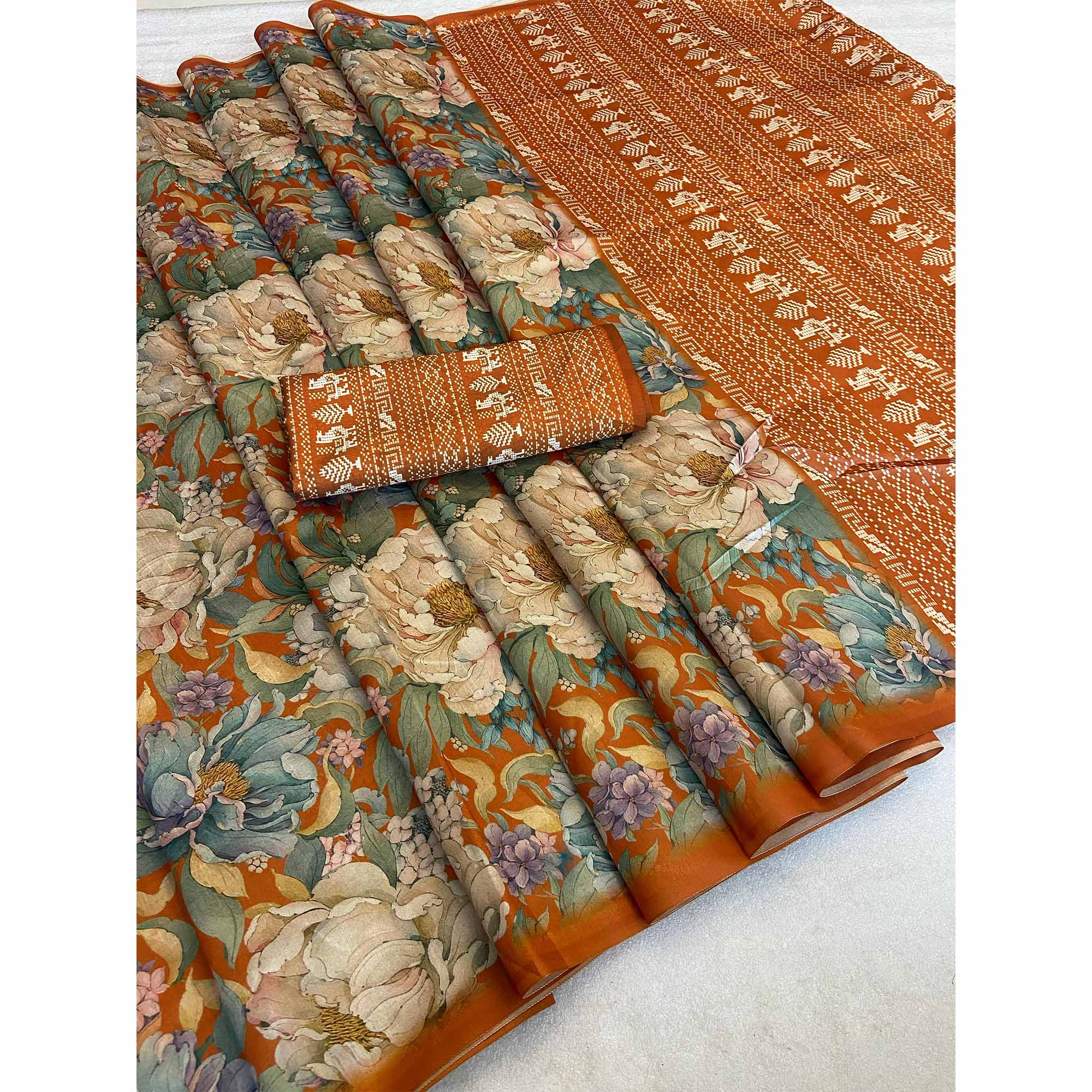 Rust Orange Floral Digital Printed Cotton Handloom Silk Saree - Image 3