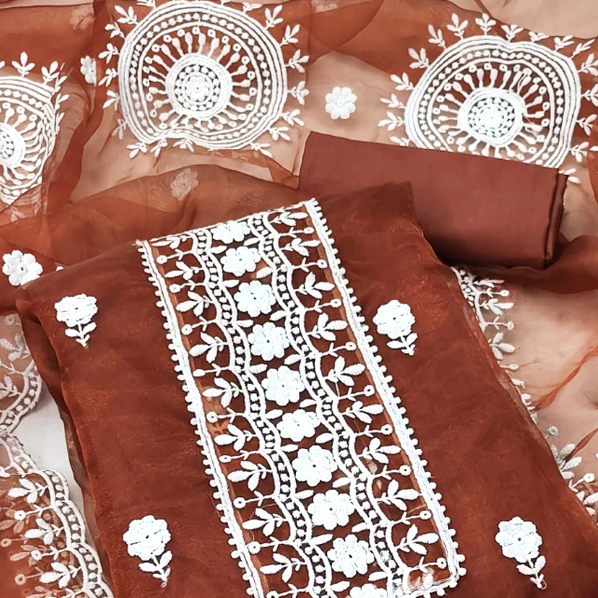 Rust Organza Dress Material With Intricate Floral Thread Embroidery - Image 2