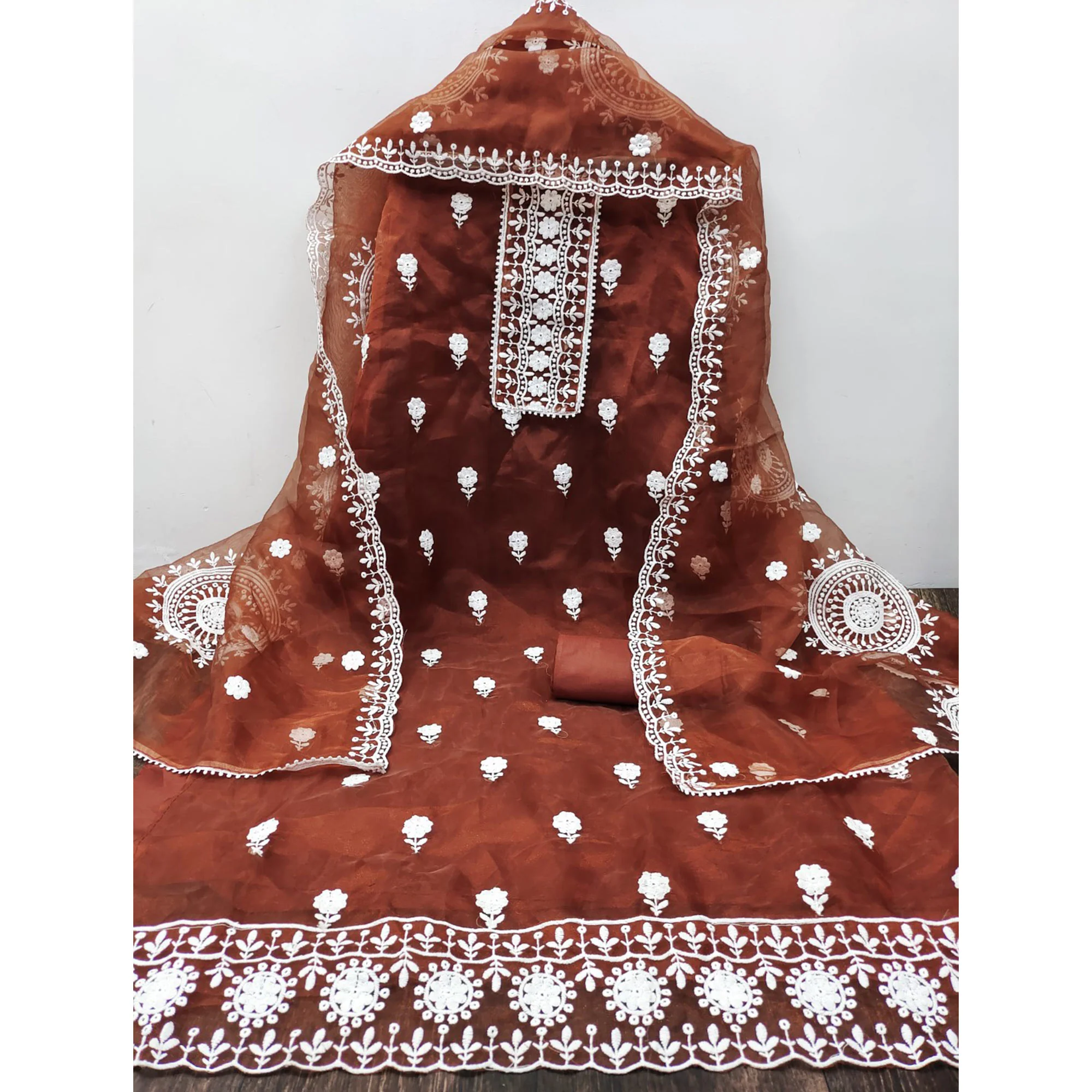 Rust Organza Dress Material With Intricate Floral Thread Embroidery - Image 3
