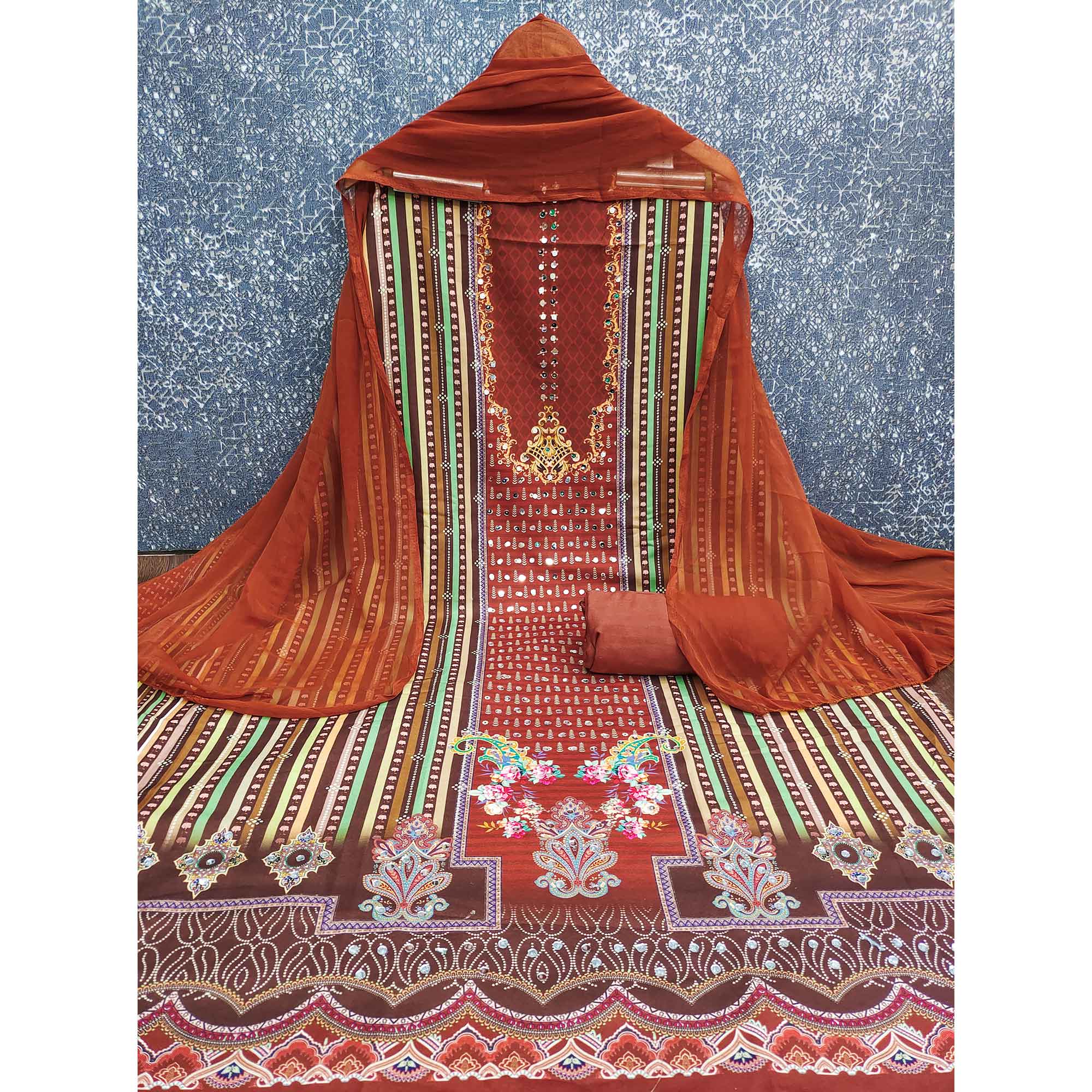 Rust Rayon Dress Material With Floral Digital Print & Sparkling Mirror Accents - Image 3