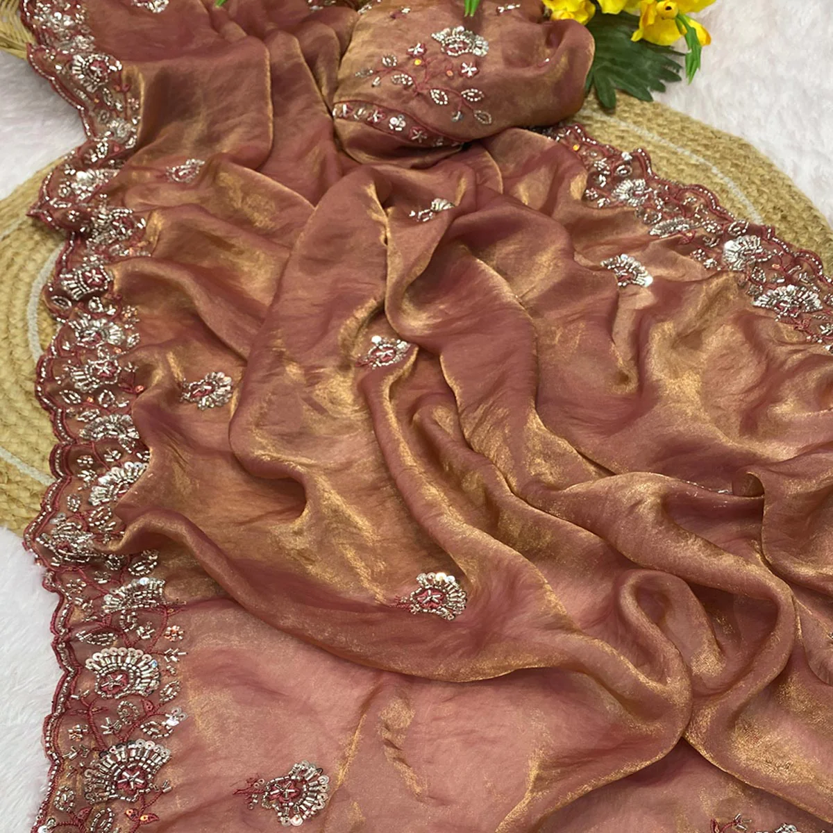Rust Satin Saree With Intricate Floral Beads & Cutdana With Sequins Embroidery Work - Image 2