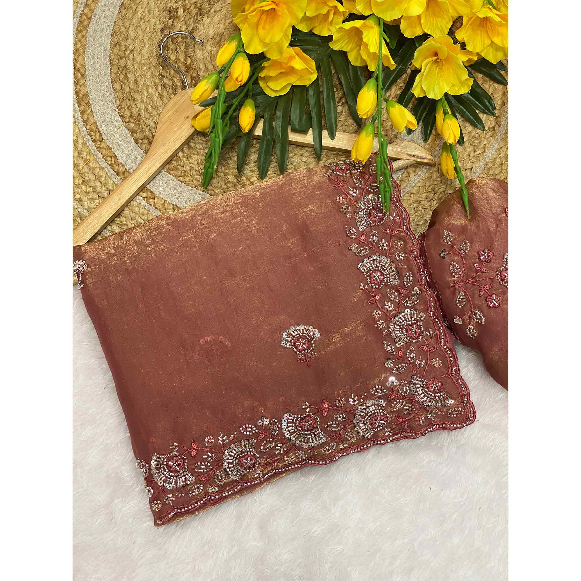 Rust Satin Saree With Intricate Floral Beads & Cutdana With Sequins Embroidery Work - Image 3