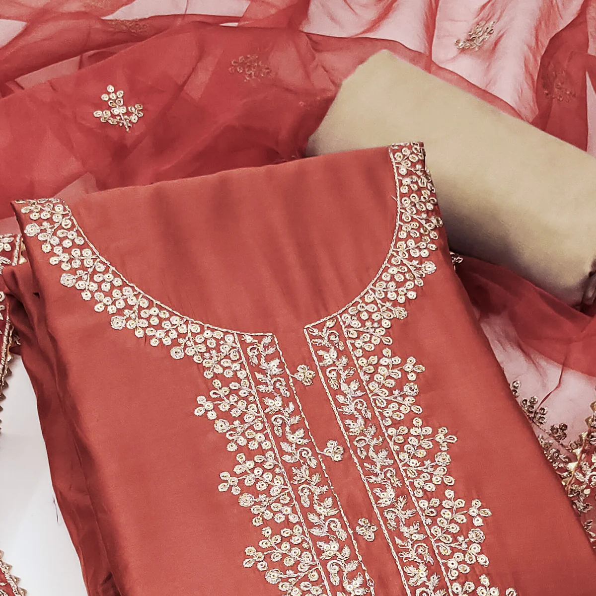 Rust Sequins Embroidered Cotton Silk Dress Material - Image 2
