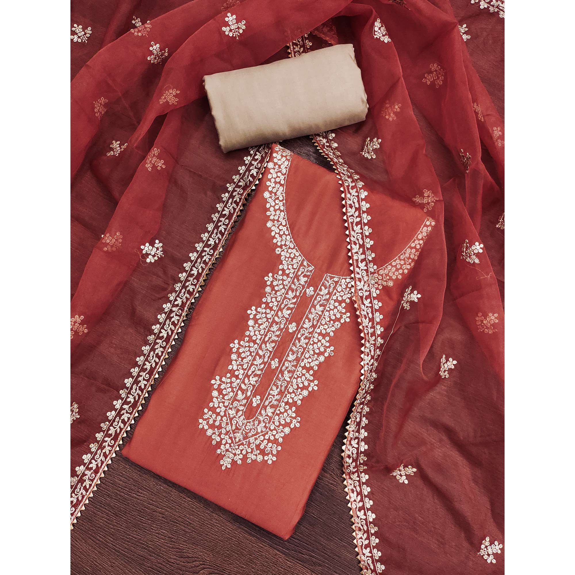 Rust Sequins Embroidered Cotton Silk Dress Material - Image 3
