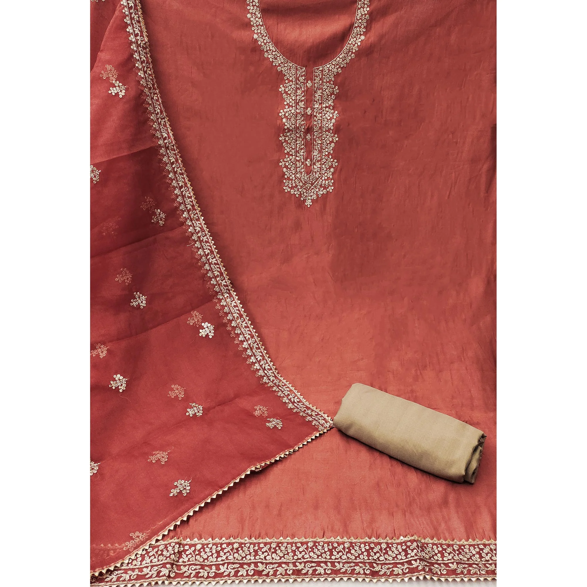 Rust Sequins Embroidered Cotton Silk Dress Material - Image 4