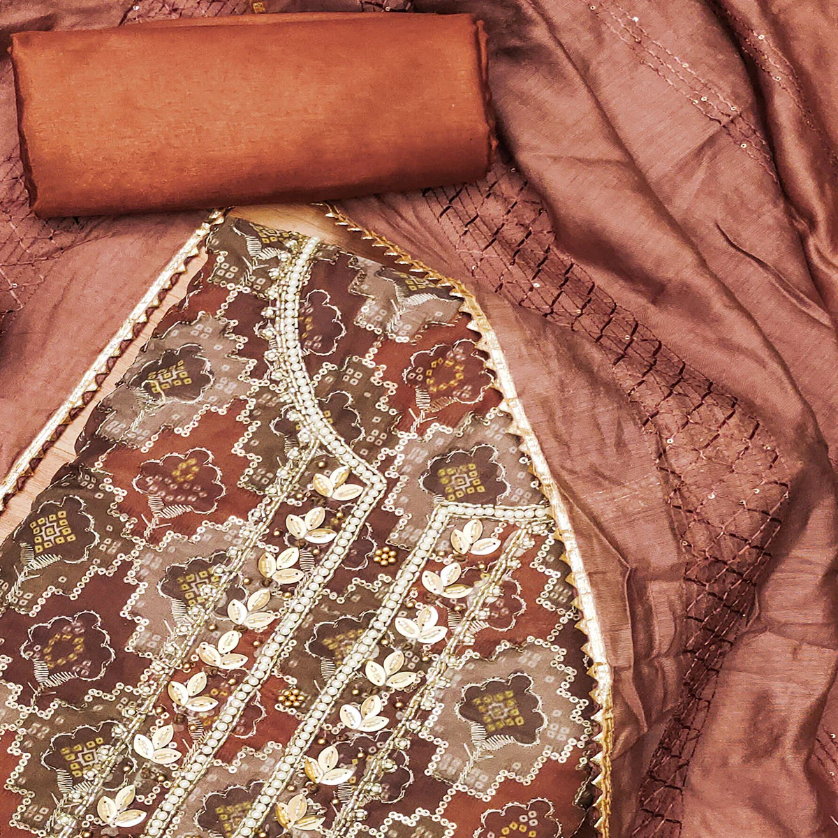 Rust Sequins Embroidered With Printed Organza Dress Material - Image 2